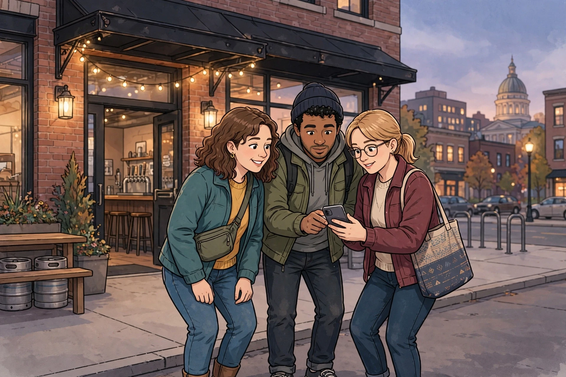 Friends checking rideshare app outside brewery
