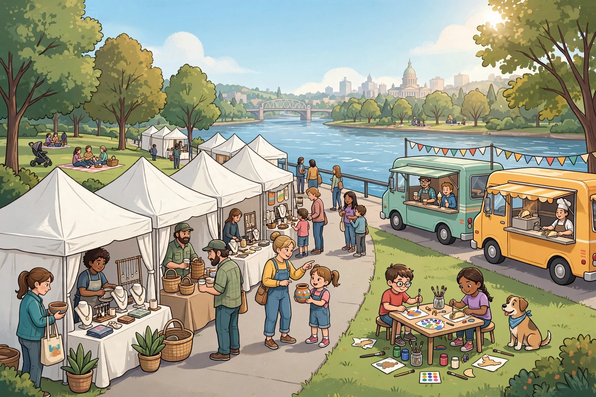 Sunlit riverfront park with artisan tents and food trucks