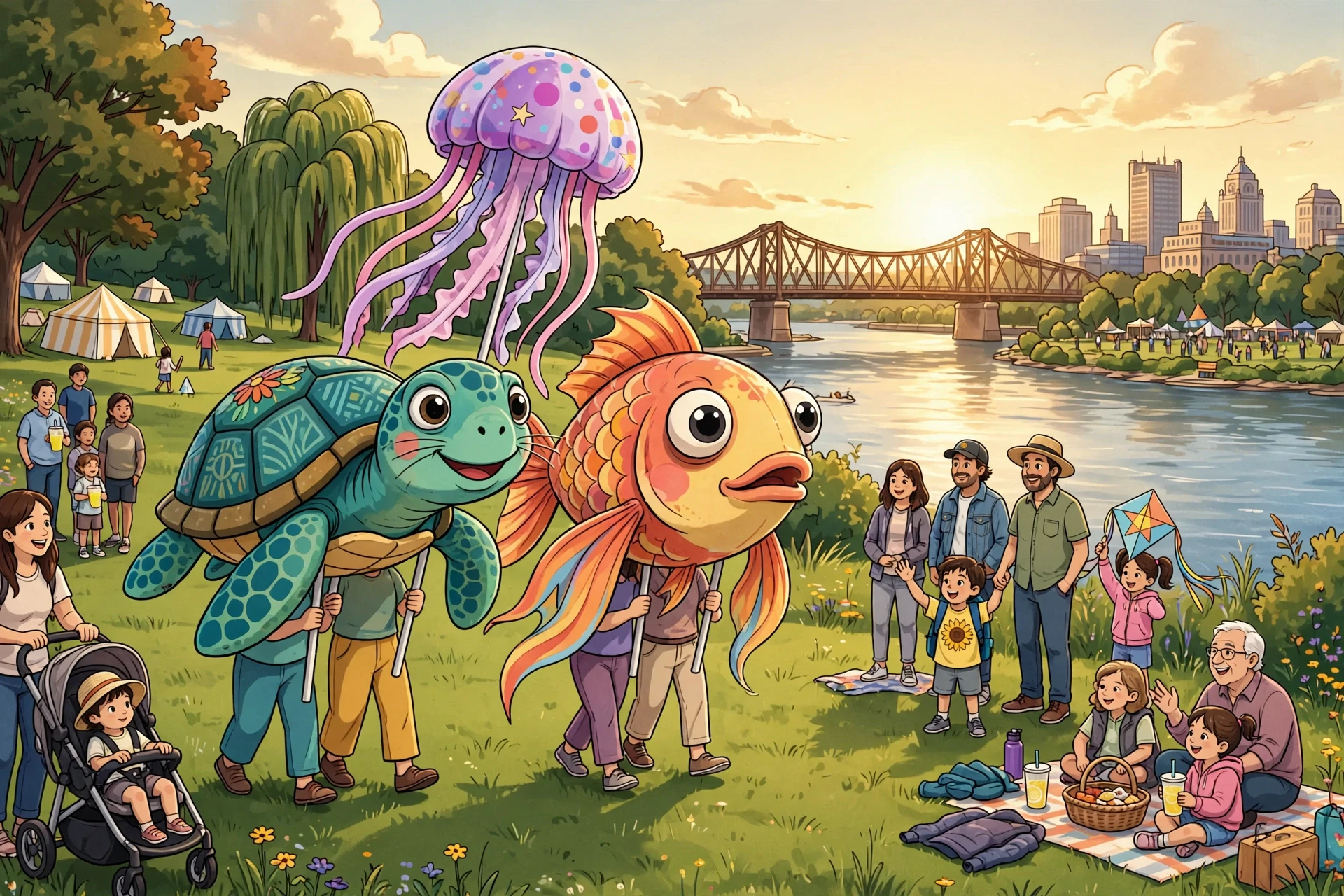 Giant puppets parading past families along the Susquehanna at sunset