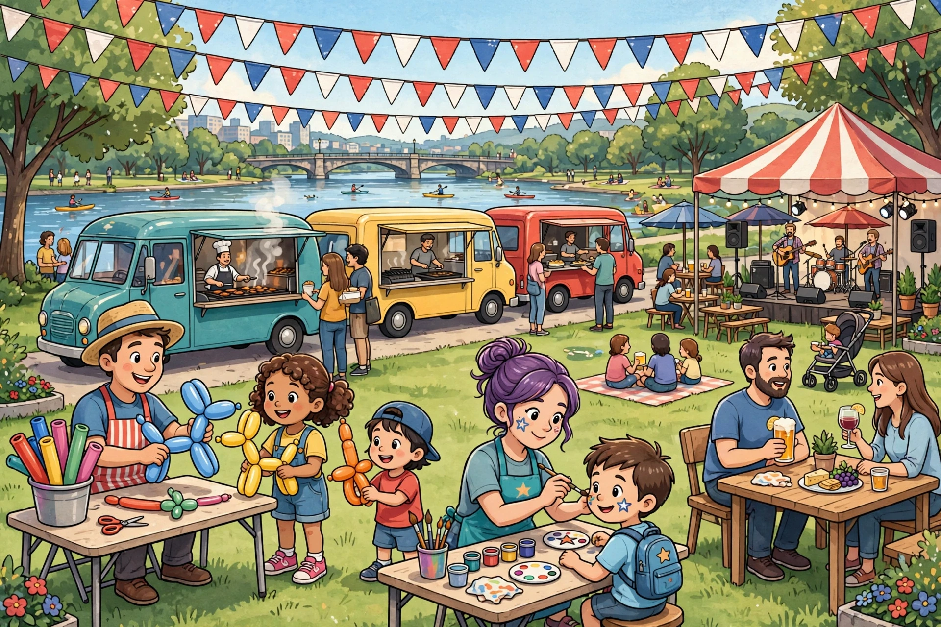 Kids with balloon animals by food trucks