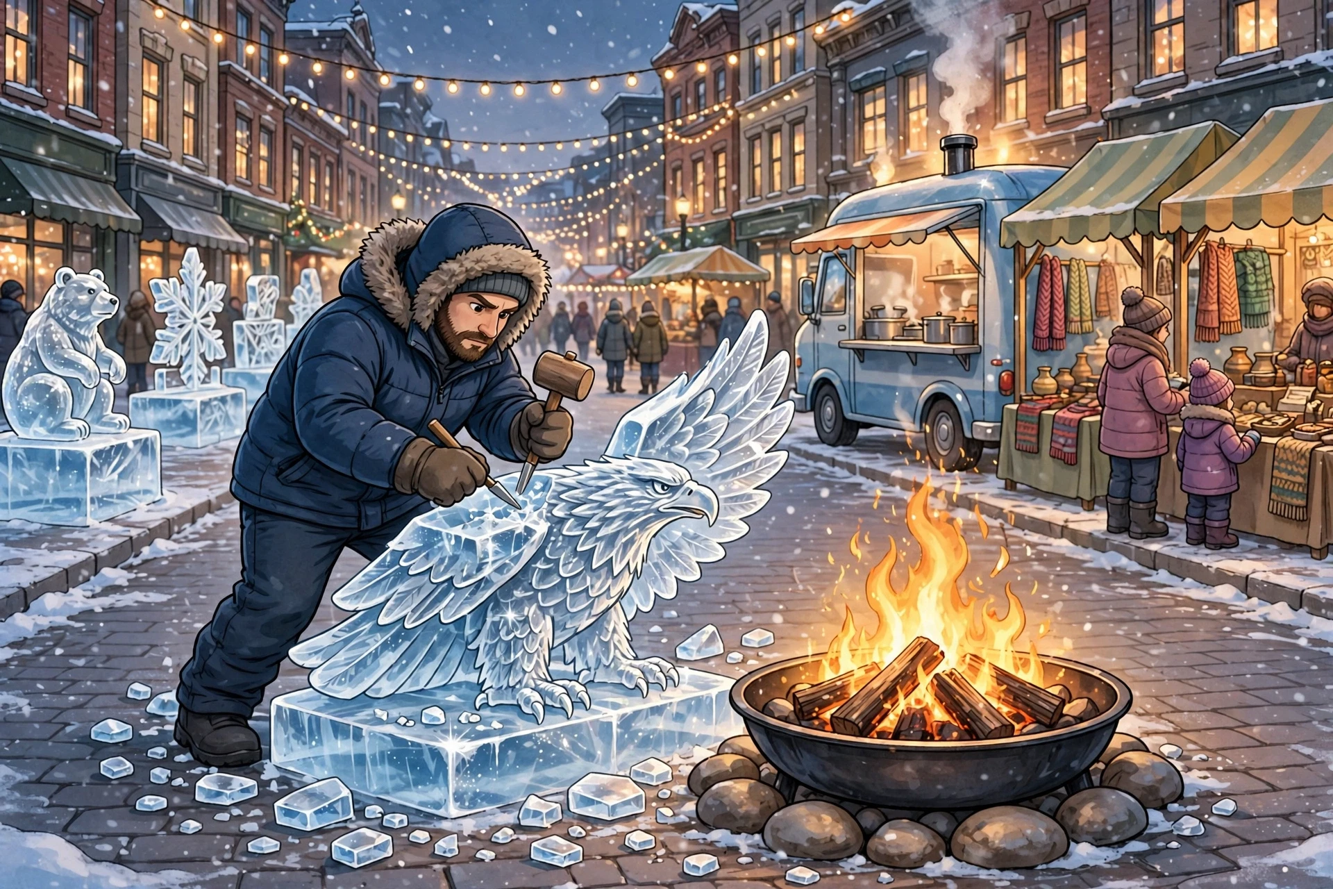 Ice sculptor carving beside glowing fire pit