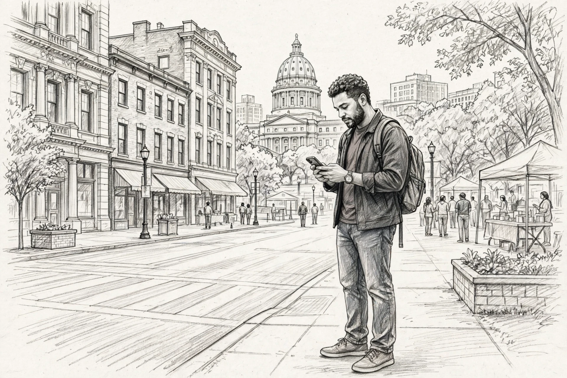 Visitor checking festival schedule on downtown phone