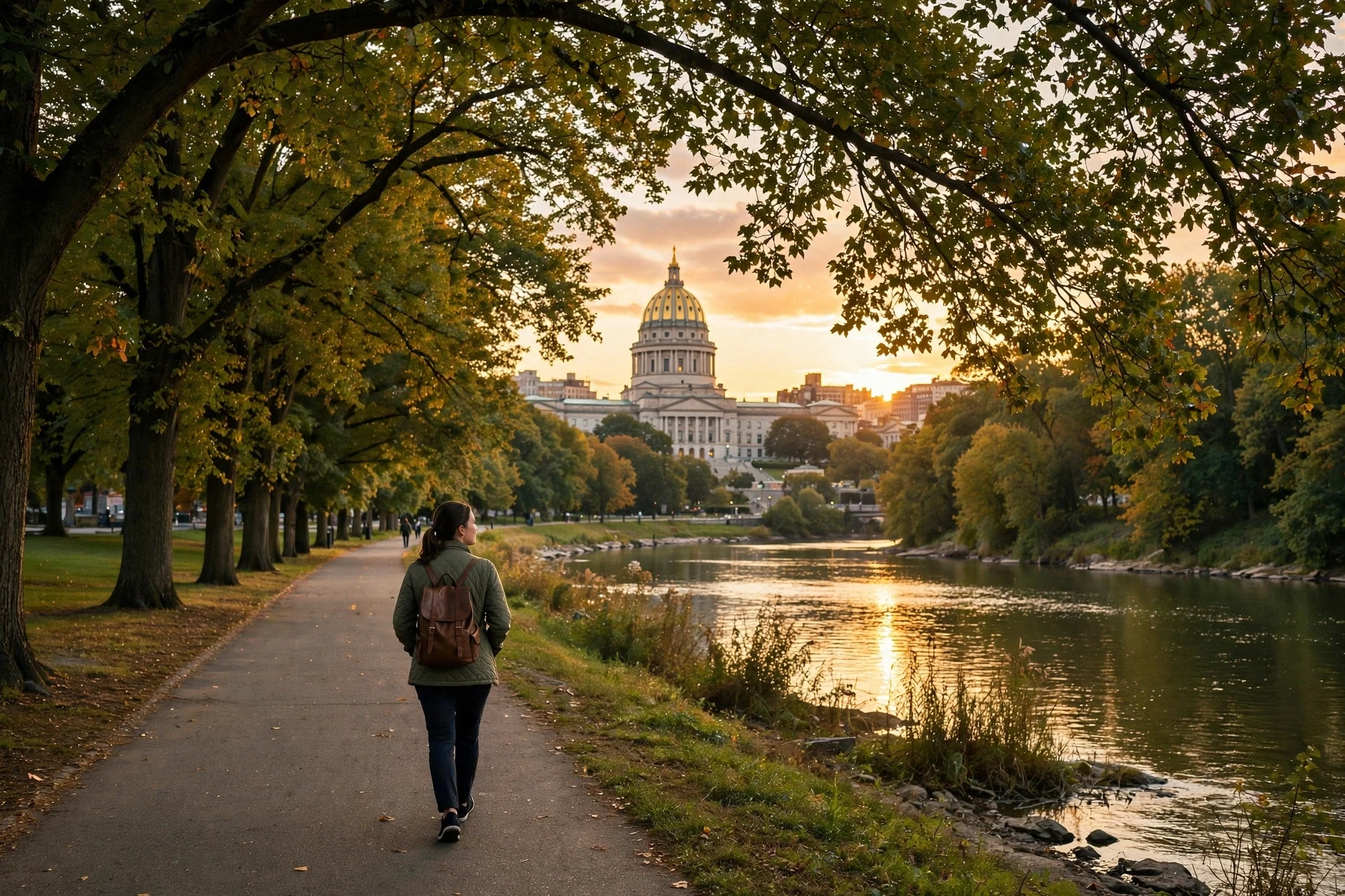 Guest walking riverfront path toward Capitol dome