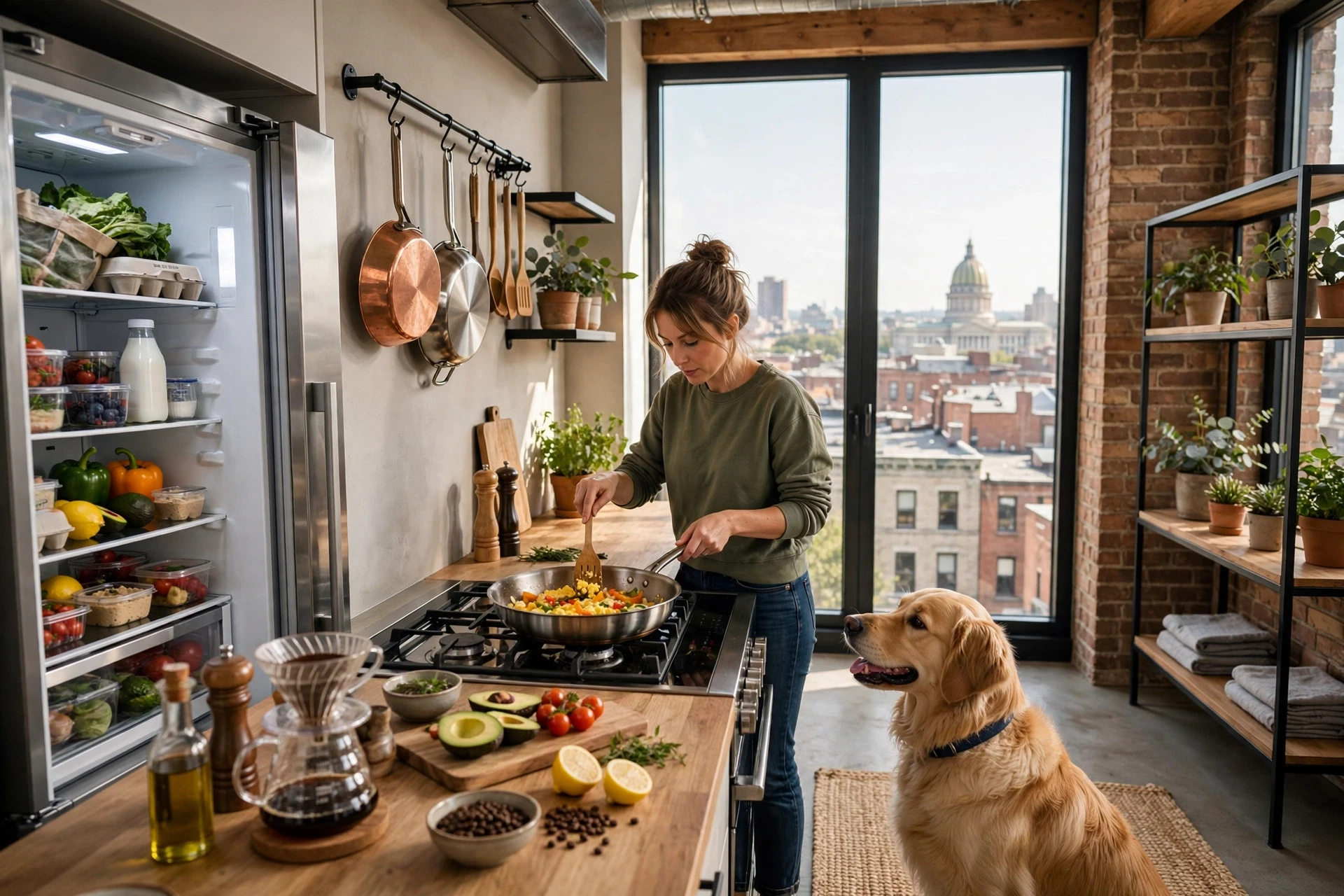 Guest cooking breakfast in loft kitchen