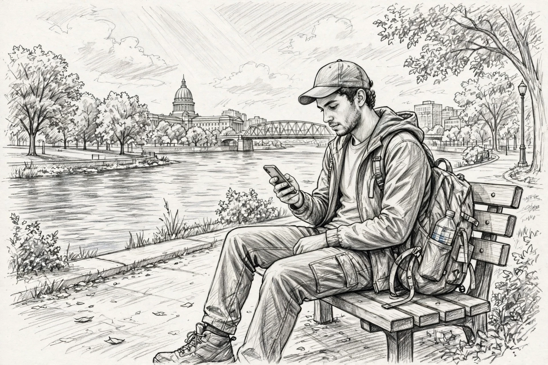 Traveler checking festival schedule by river