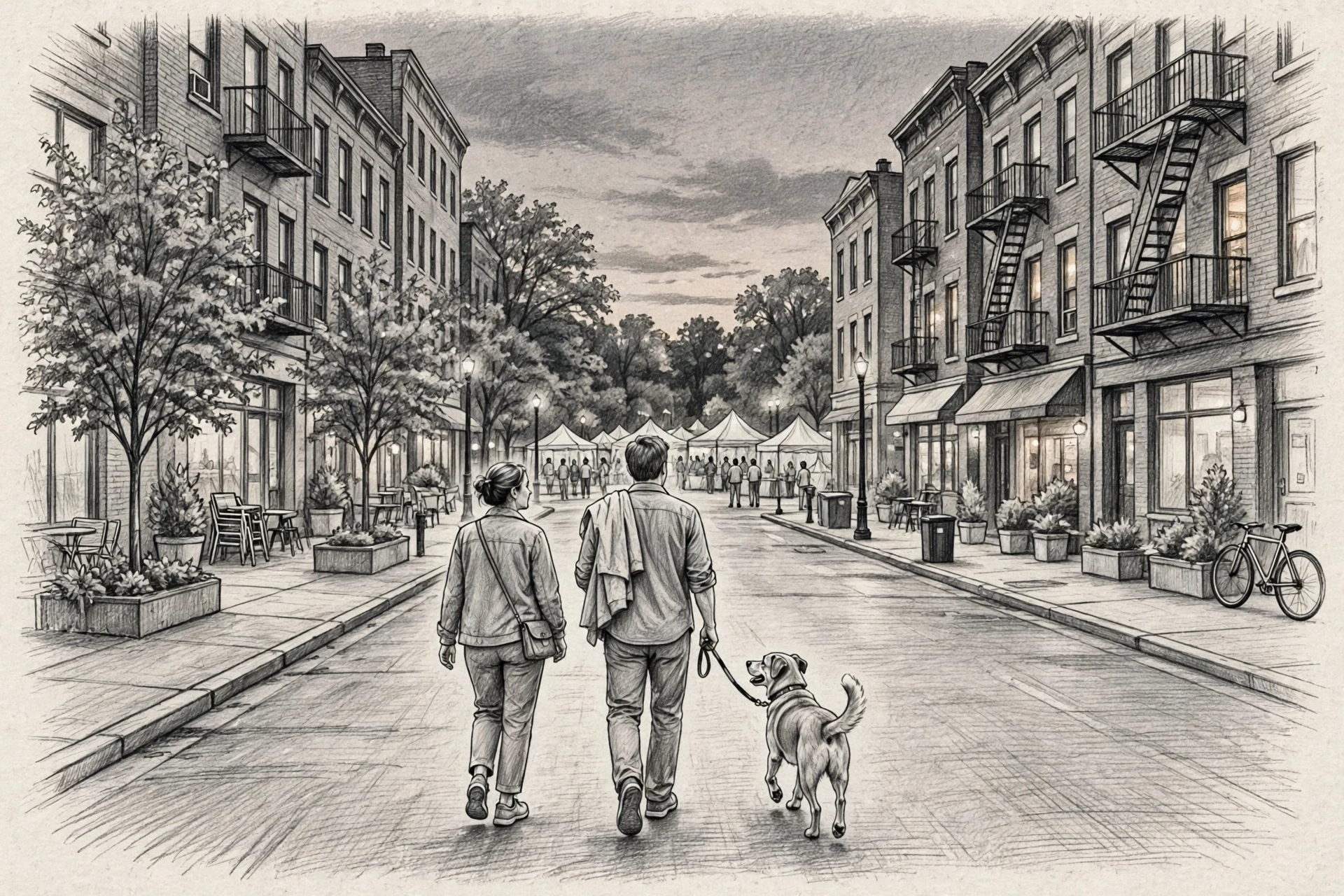 Guests walking dog toward festival tents at dusk