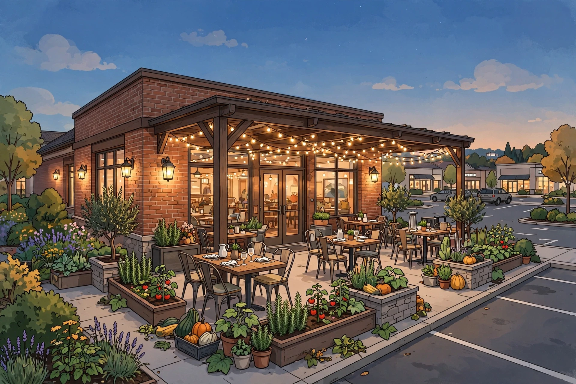 Cozy brick restaurant with garden patio at dusk