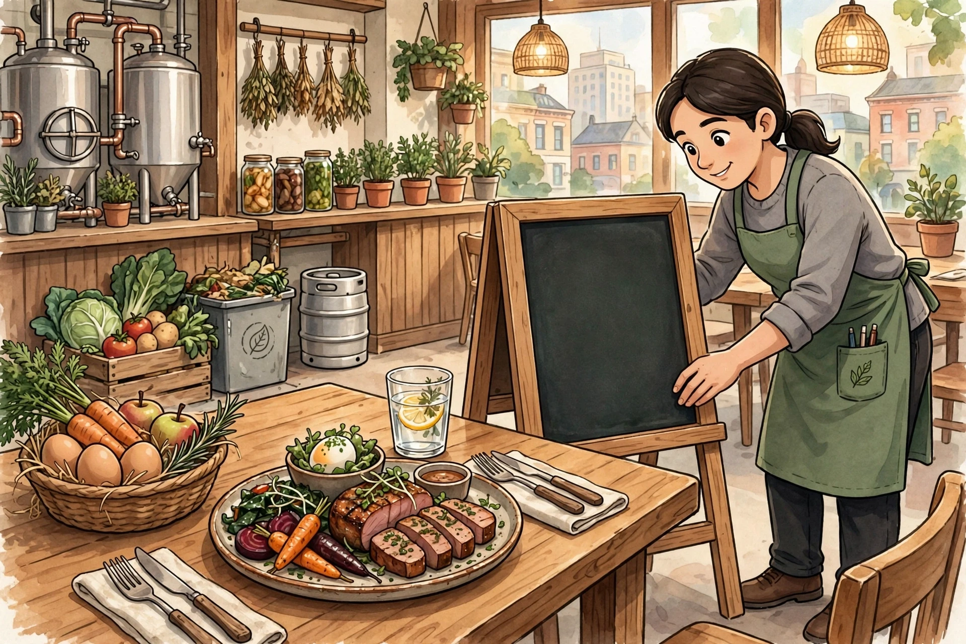 Server presenting chalkboard menu beside seasonal dish