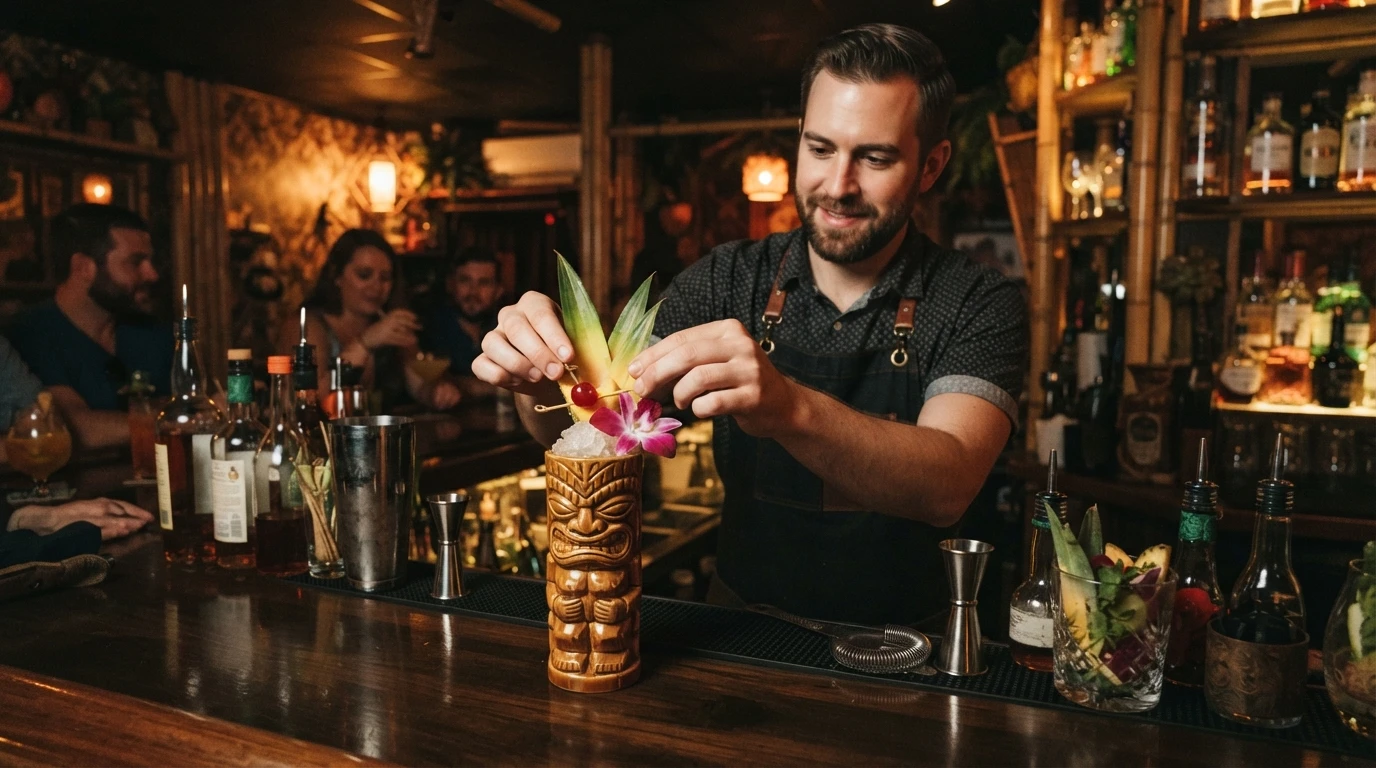 Bartender garnishing a tropical tiki cocktail