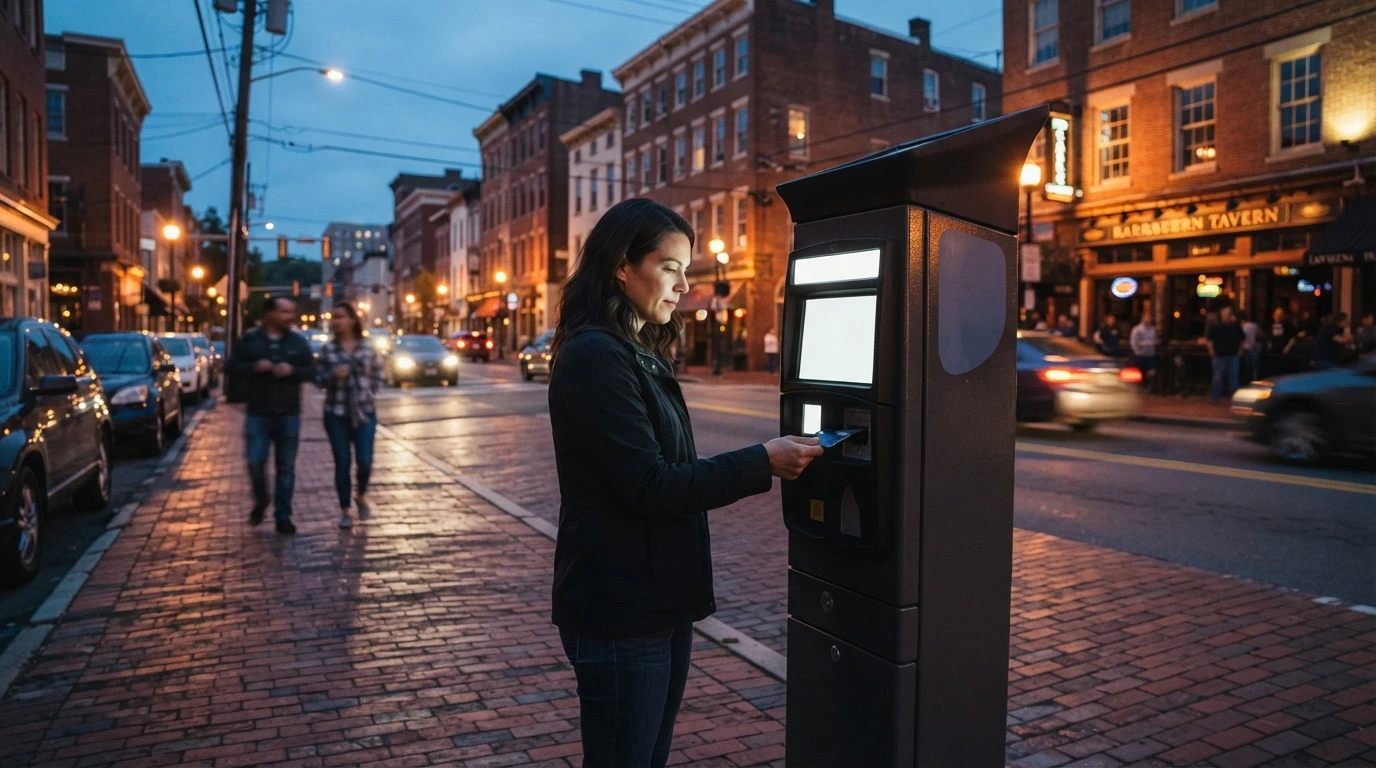 Driver using parking kiosk at dusk