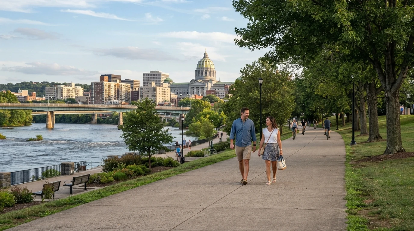 People walking along the Harrisburg riverfront