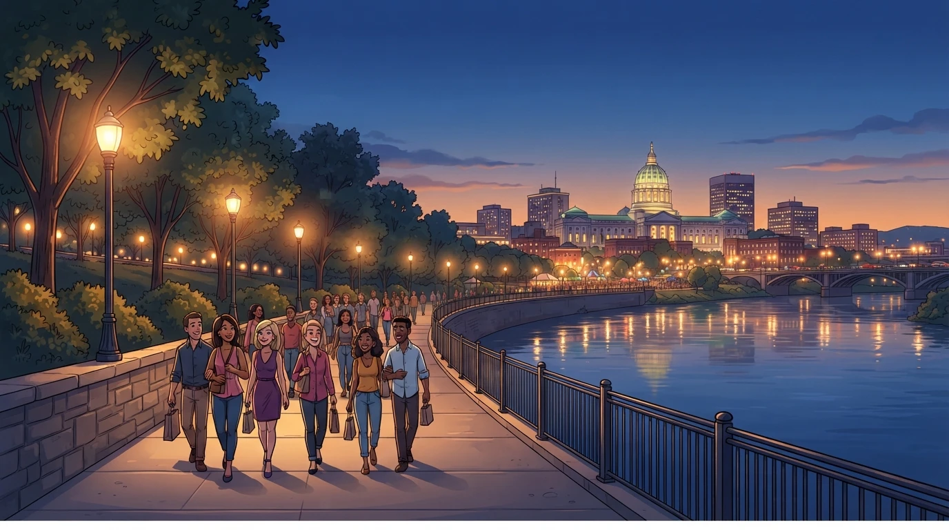 Concertgoers walking along the lit riverfront
