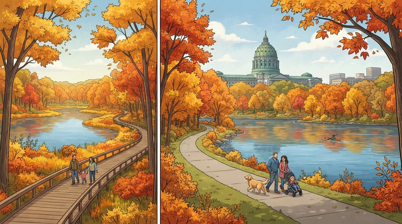 Golden maples line a riverside with a green dome