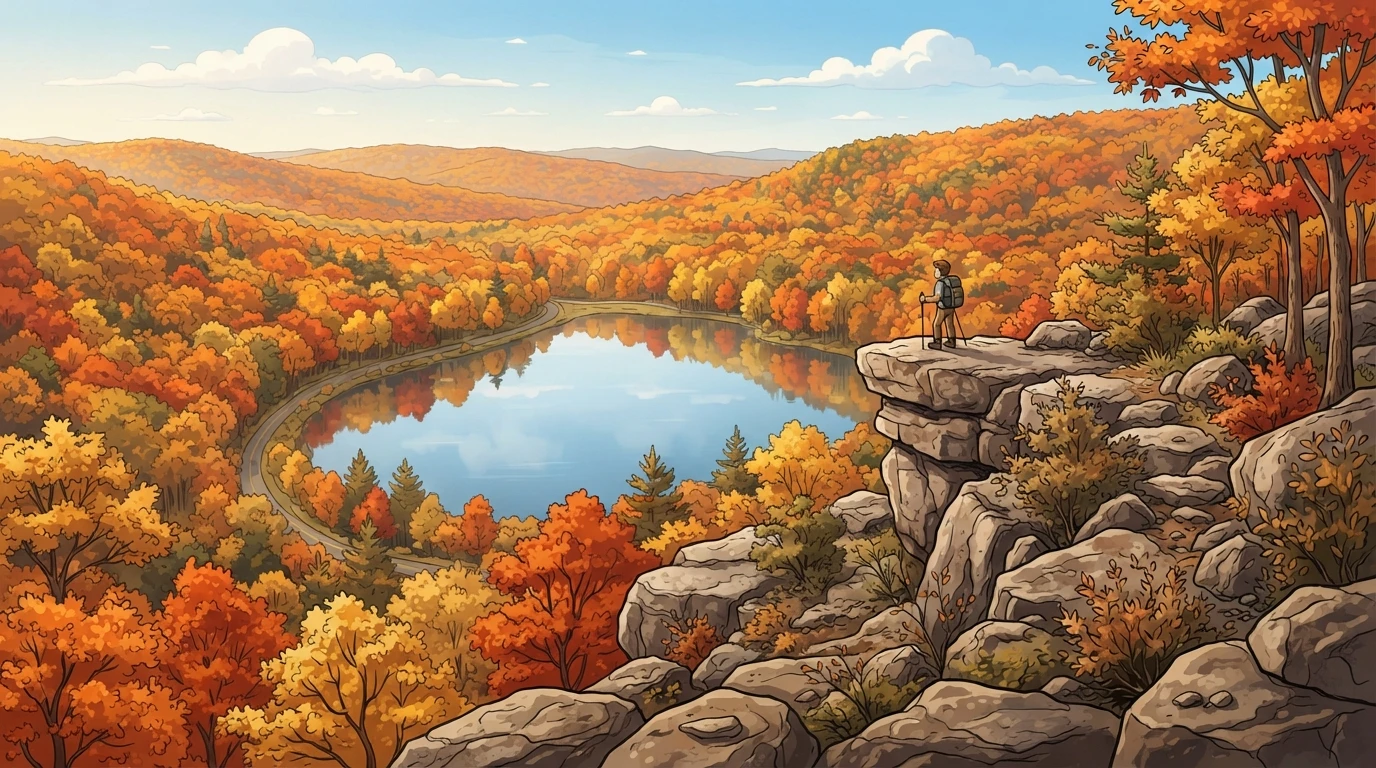 Rocky overlook above autumn lake and forest
