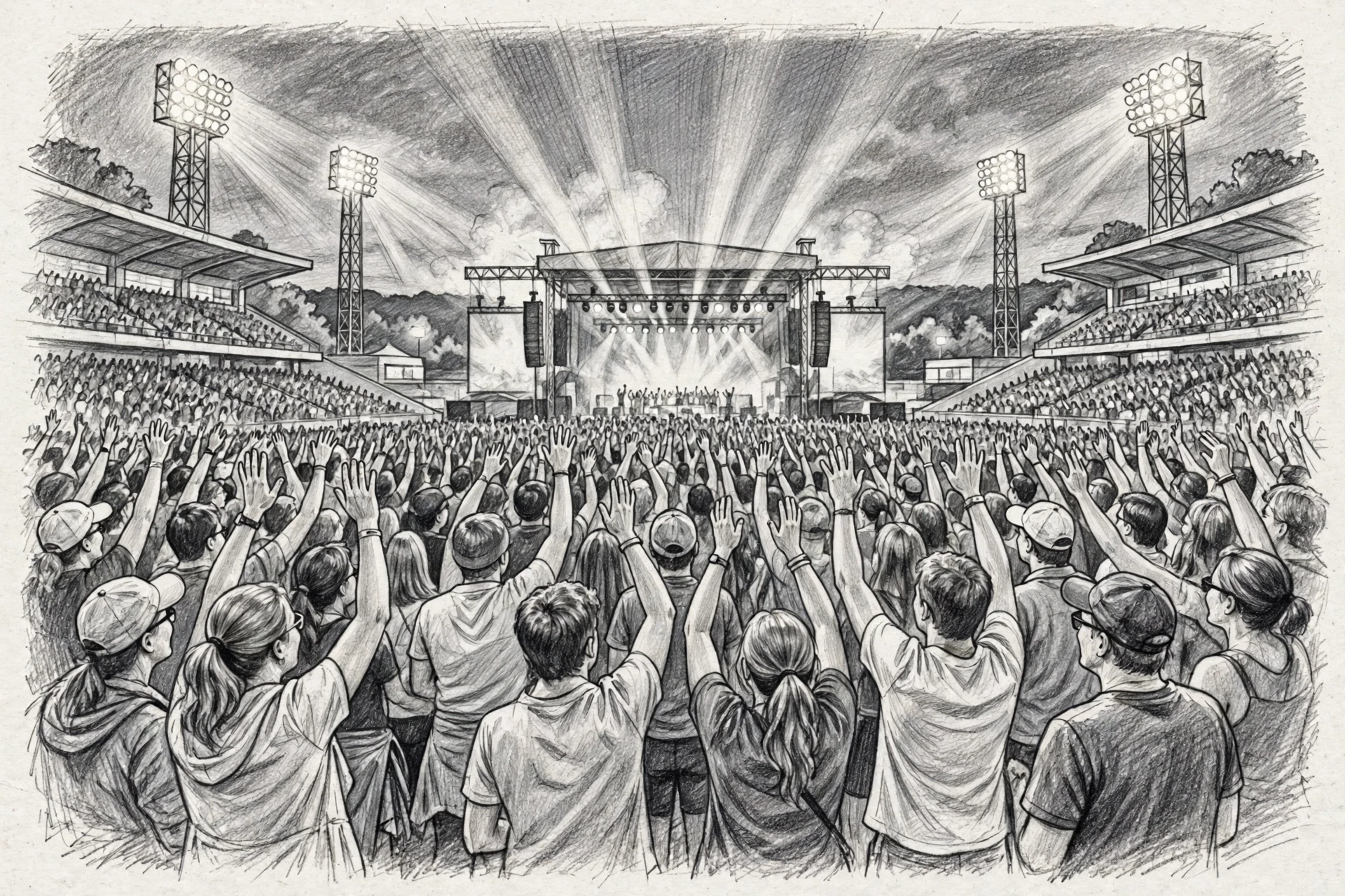 Pencil-sketched summer stadium concert crowd with raised hands