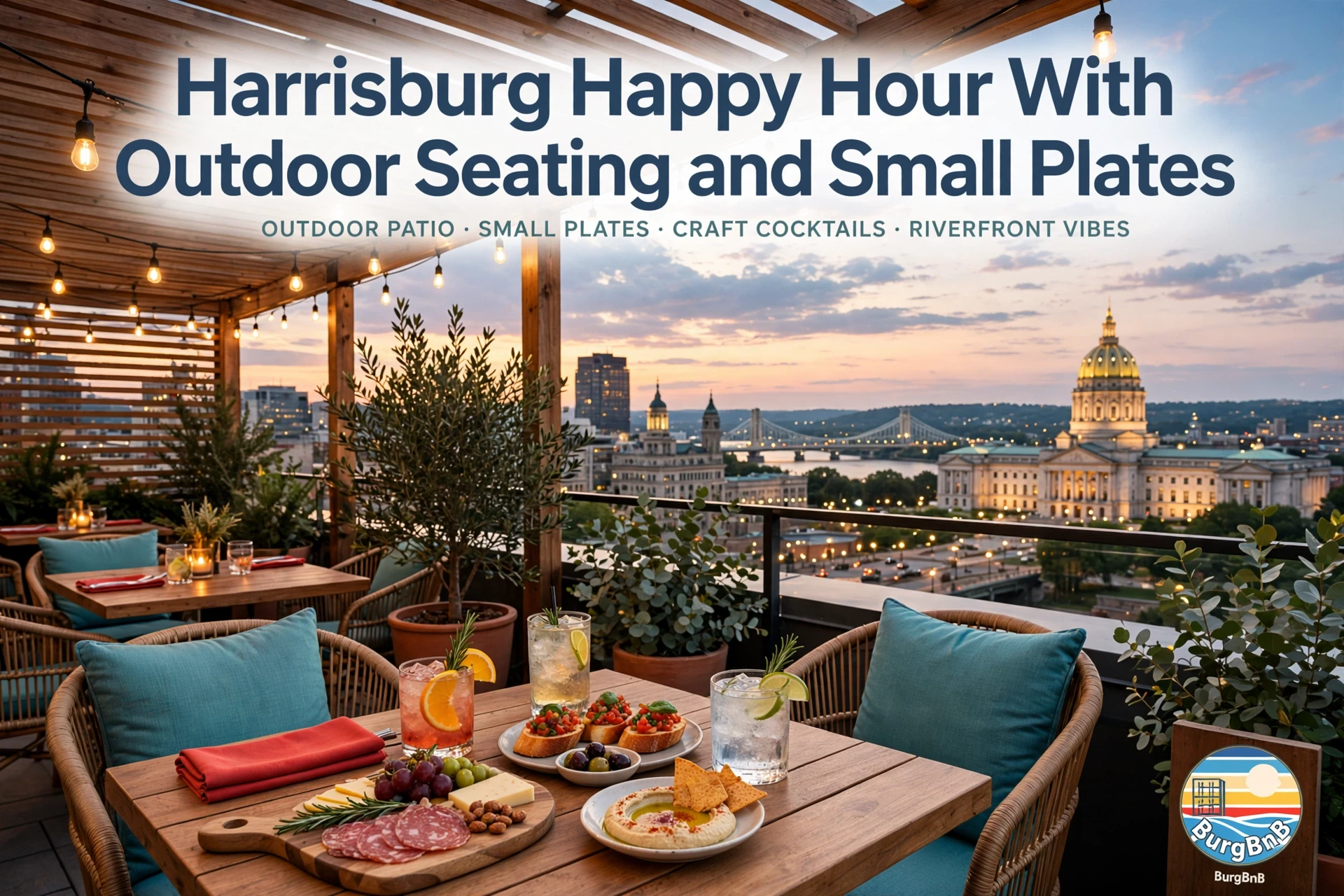 Hora feliz en Harrisburg con asientos al aire libre y tapas