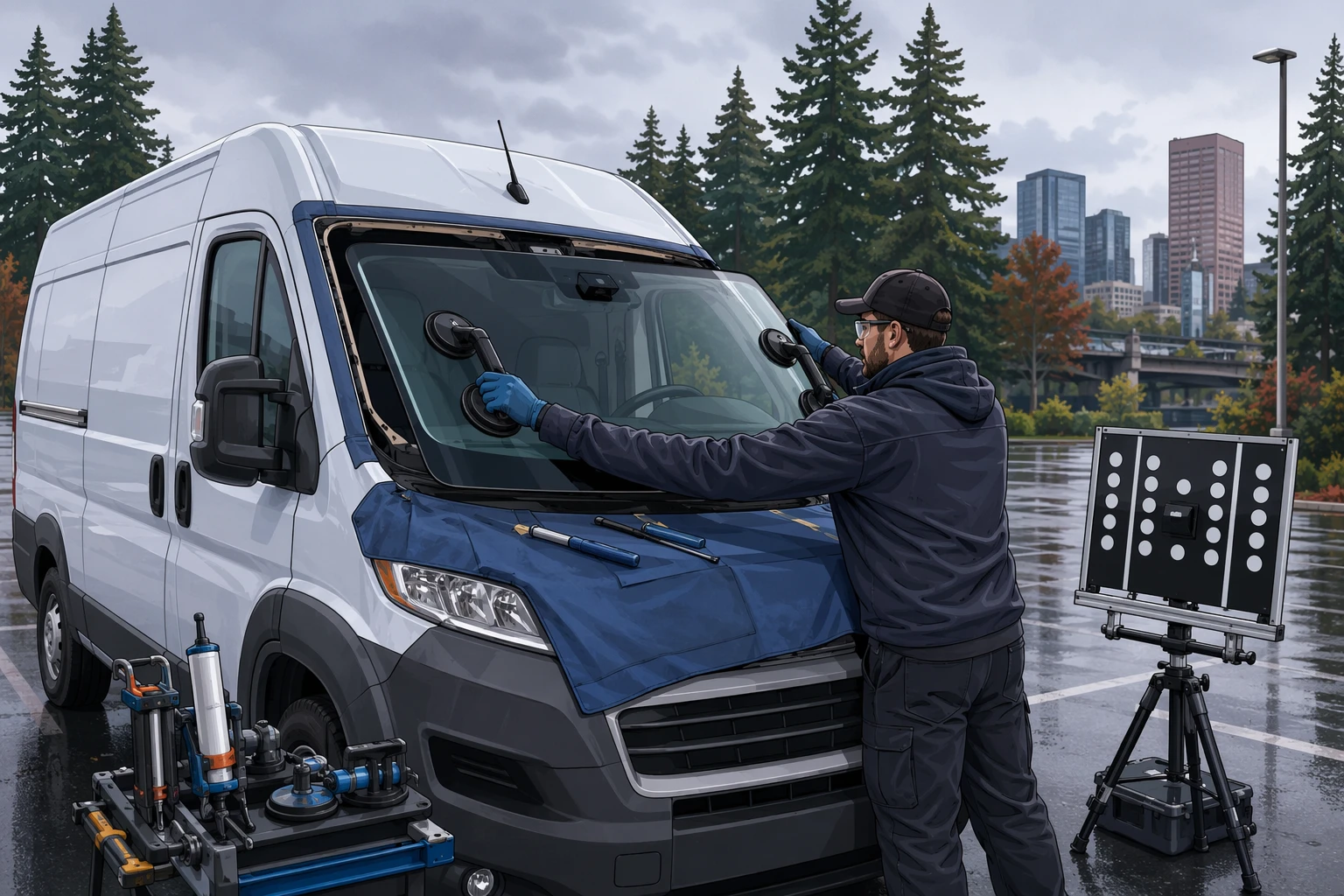 Technician calibrating windshield sensors on delivery van