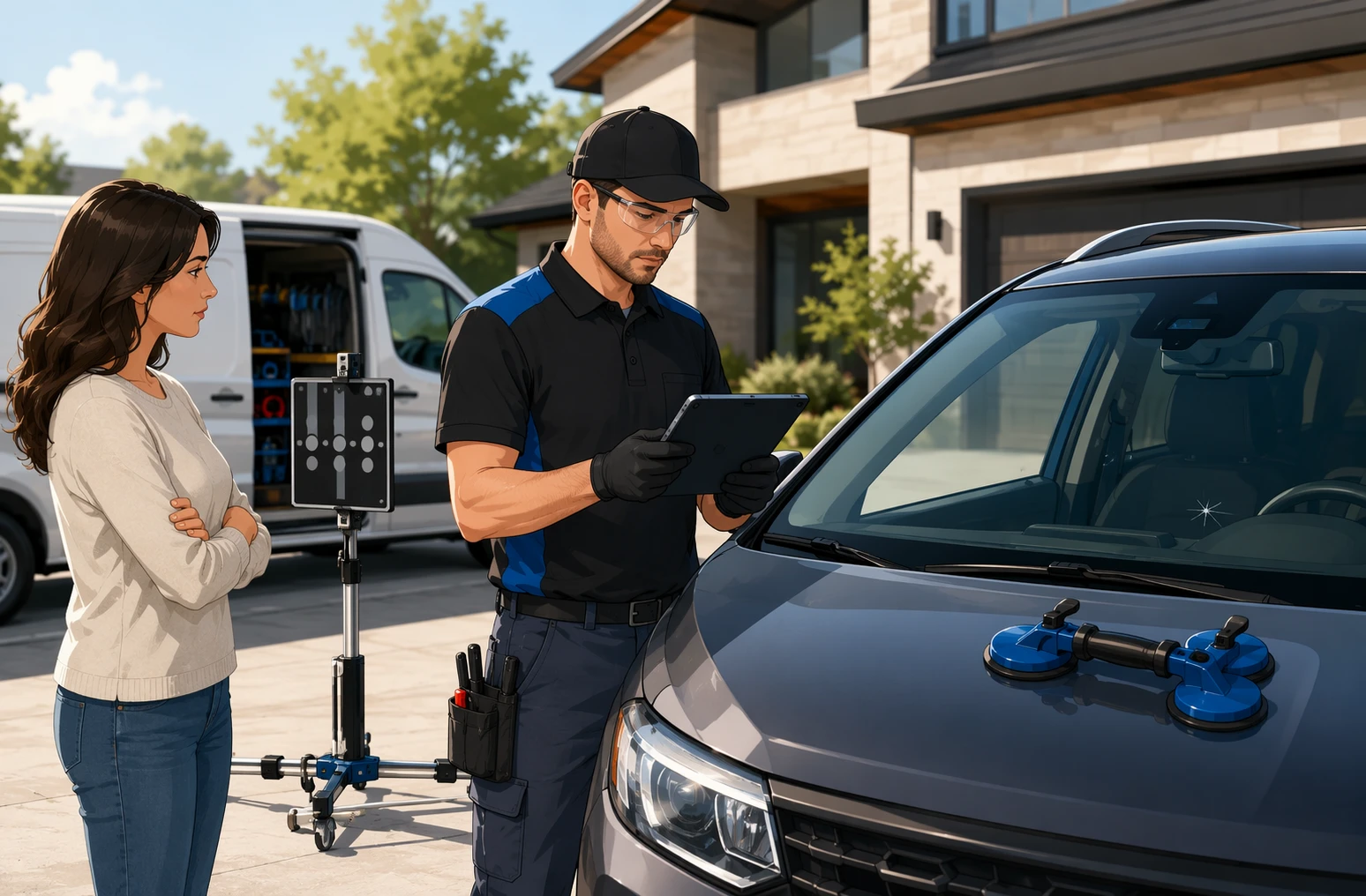 Technician reviewing windshield claim on tablet beside SUV