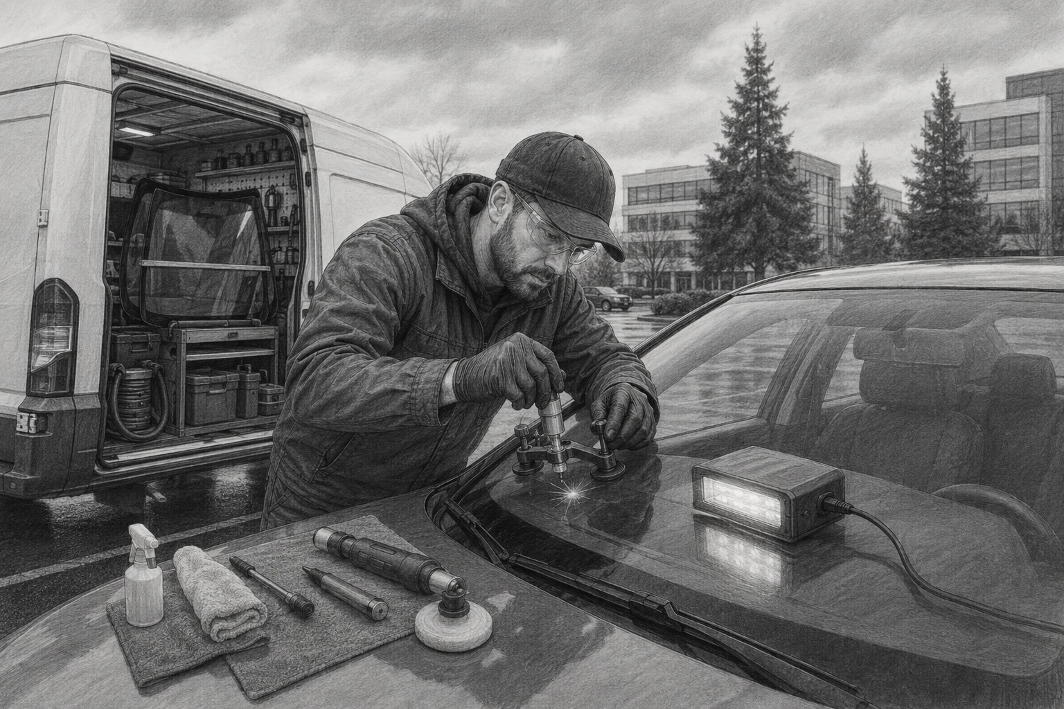Mobile technician repairing windshield in parking lot