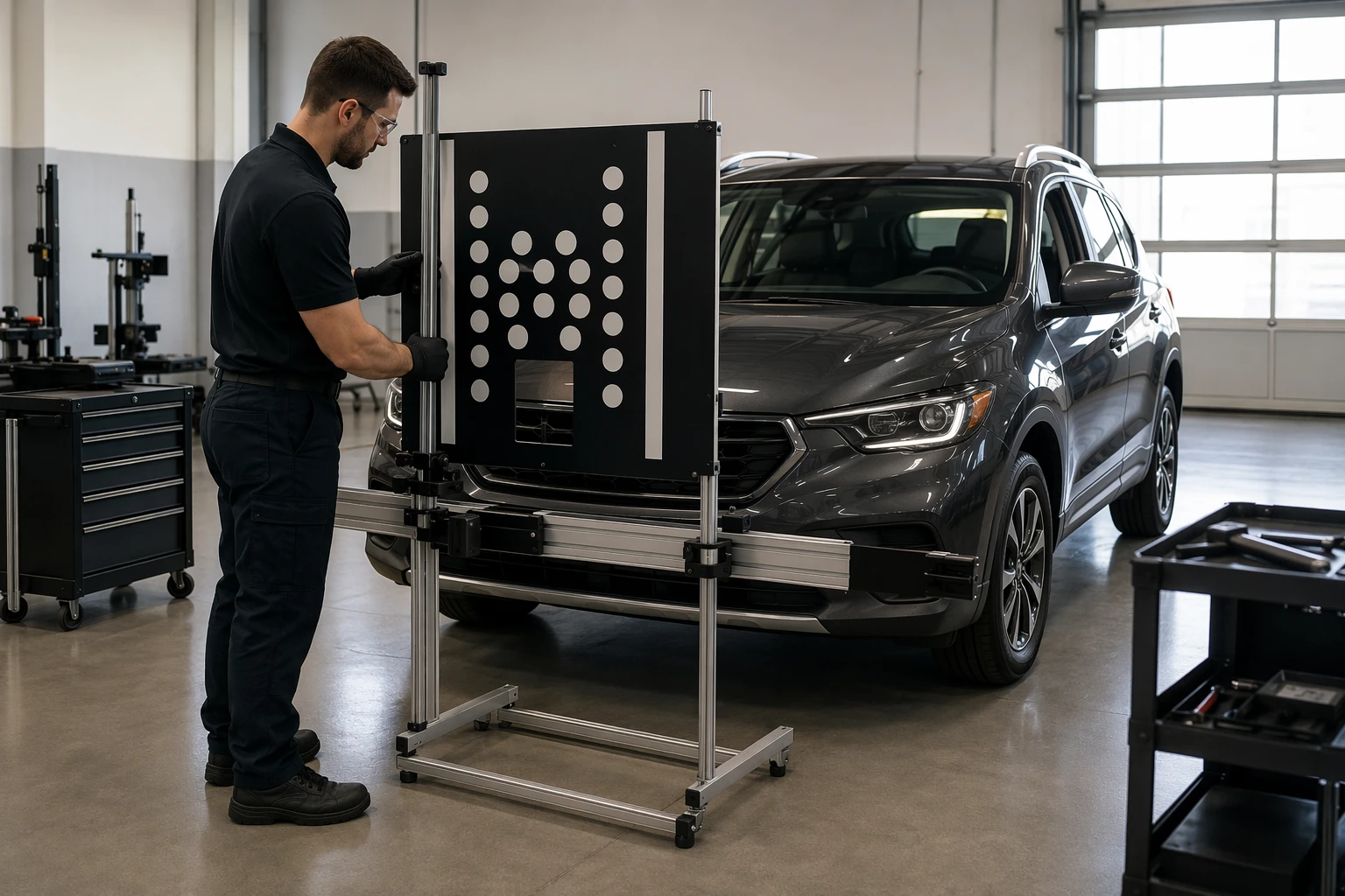 Technician calibrating ADAS target board beside parked crossover