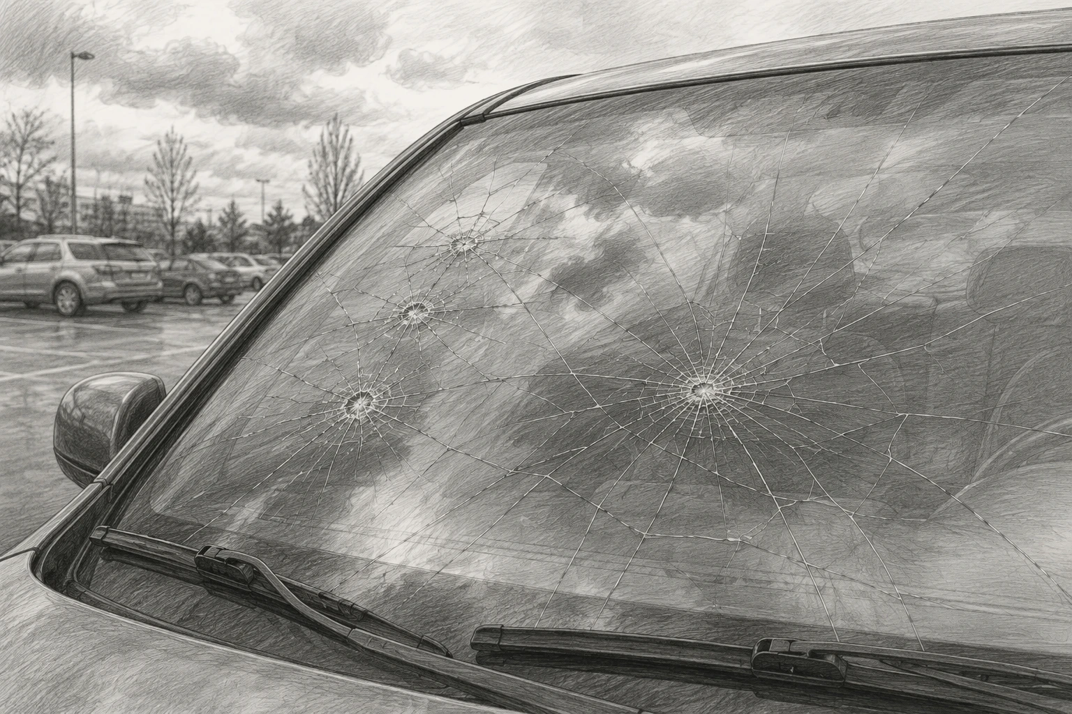 Close-up of a cracked windshield with spiderweb pattern