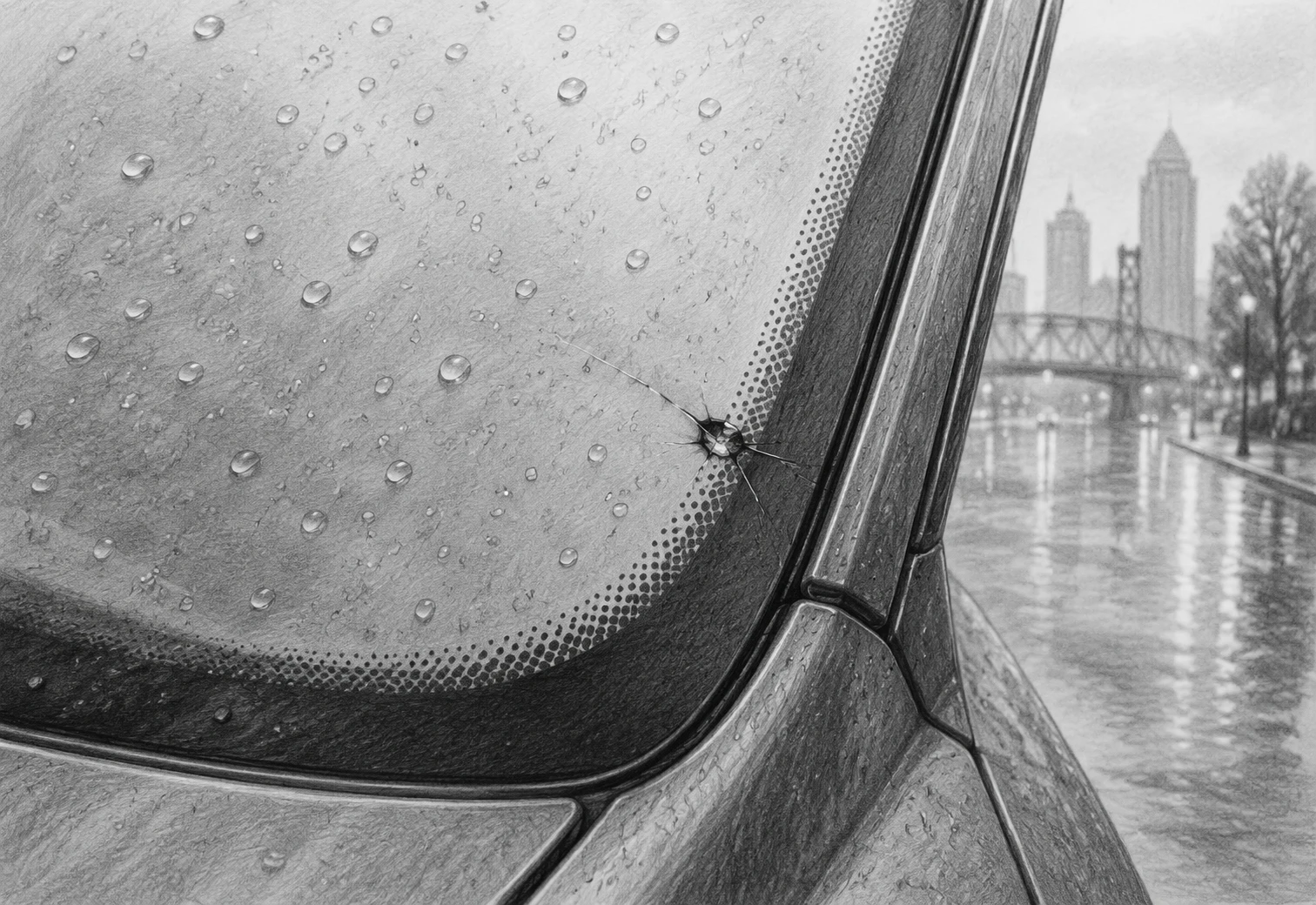 Close-up of windshield corner chip near black trim