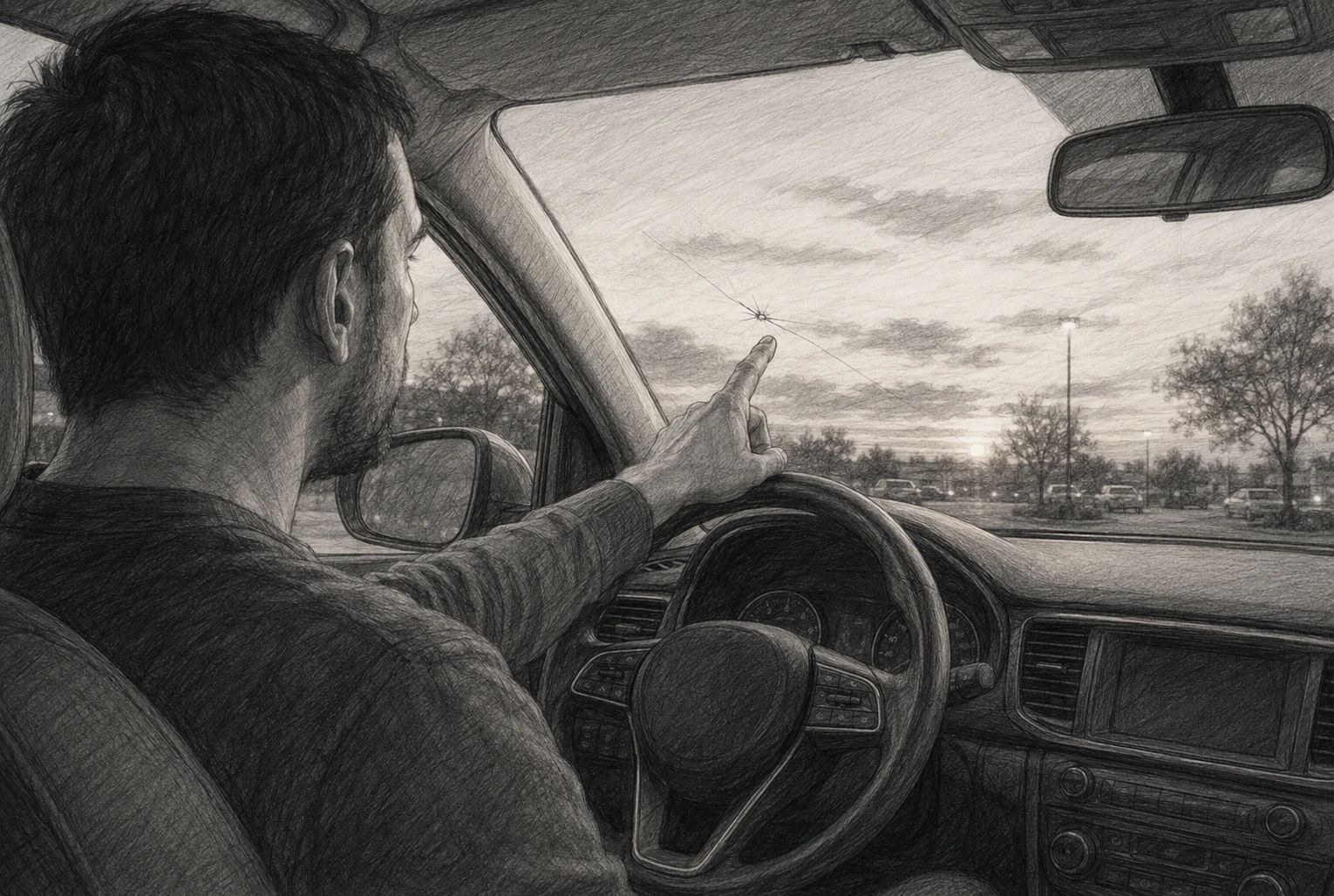 Driver examining small crack in windshield at dusk