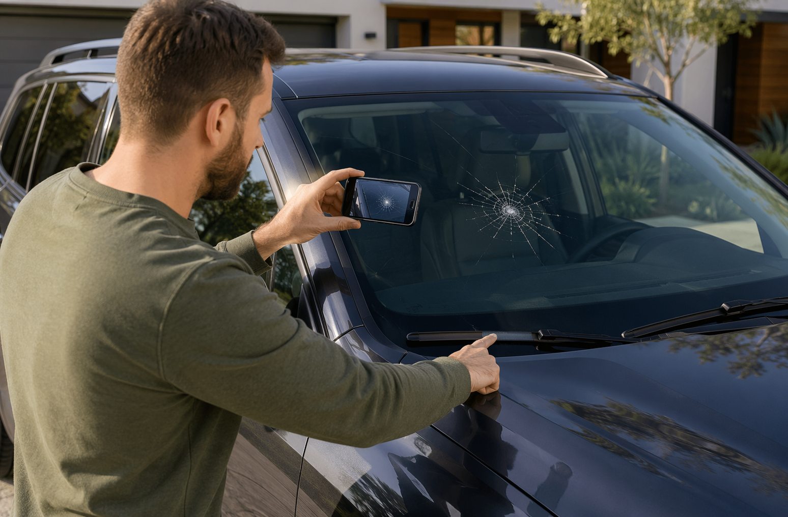 Driver photographing windshield crack with VIN visible