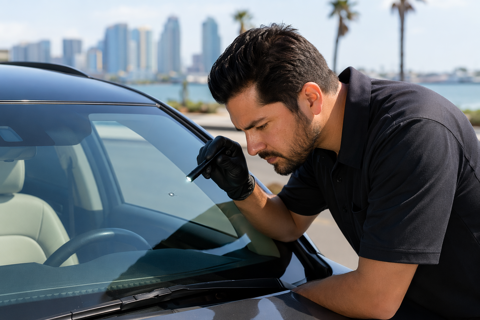 Technician inspecting windshield chip with tools