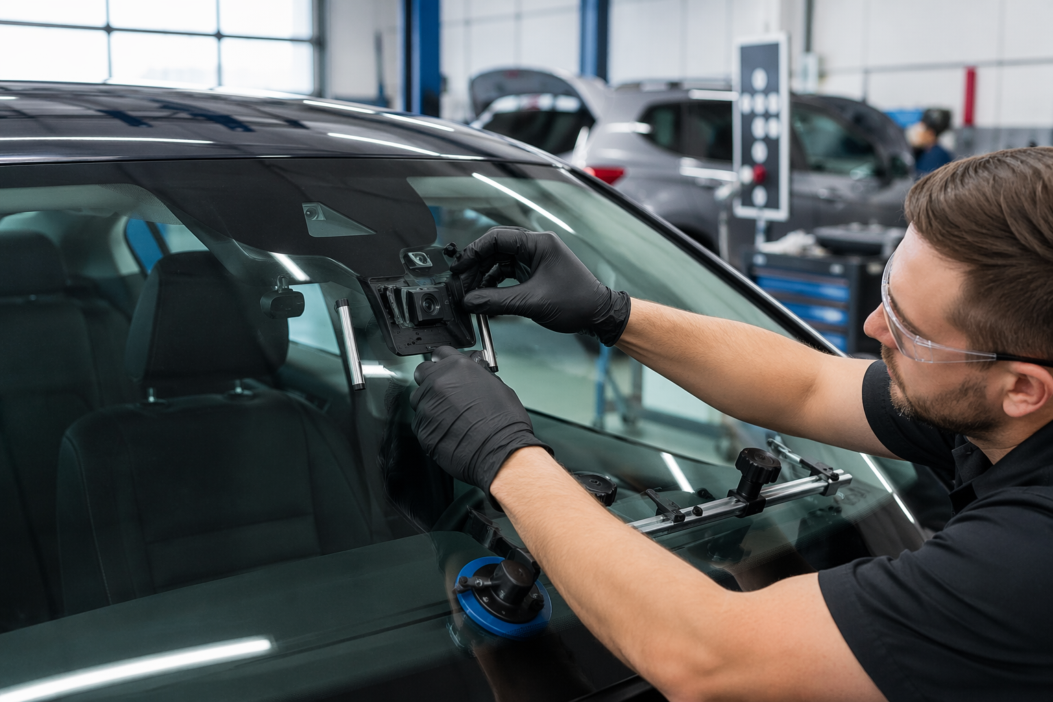 Technician aligning OEM windshield in service bay