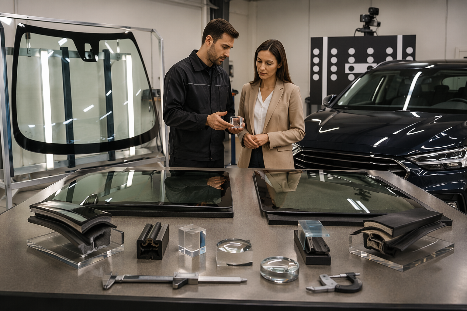 Technician inspecting OEM windshield calibration tools
