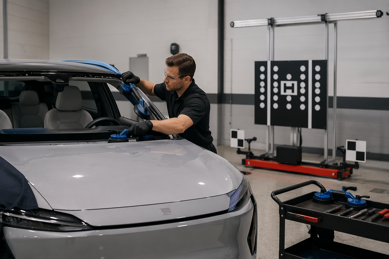 Technician replacing SUV windshield with calibration setup nearby