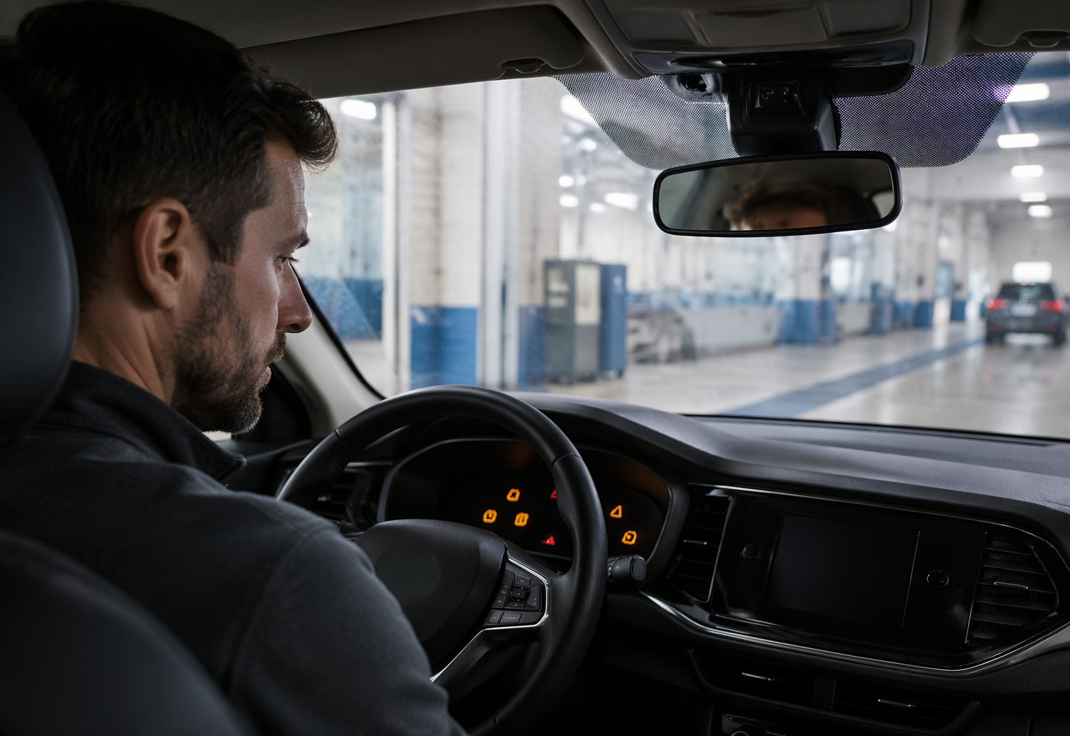 Driver observing illuminated ADAS warning lights