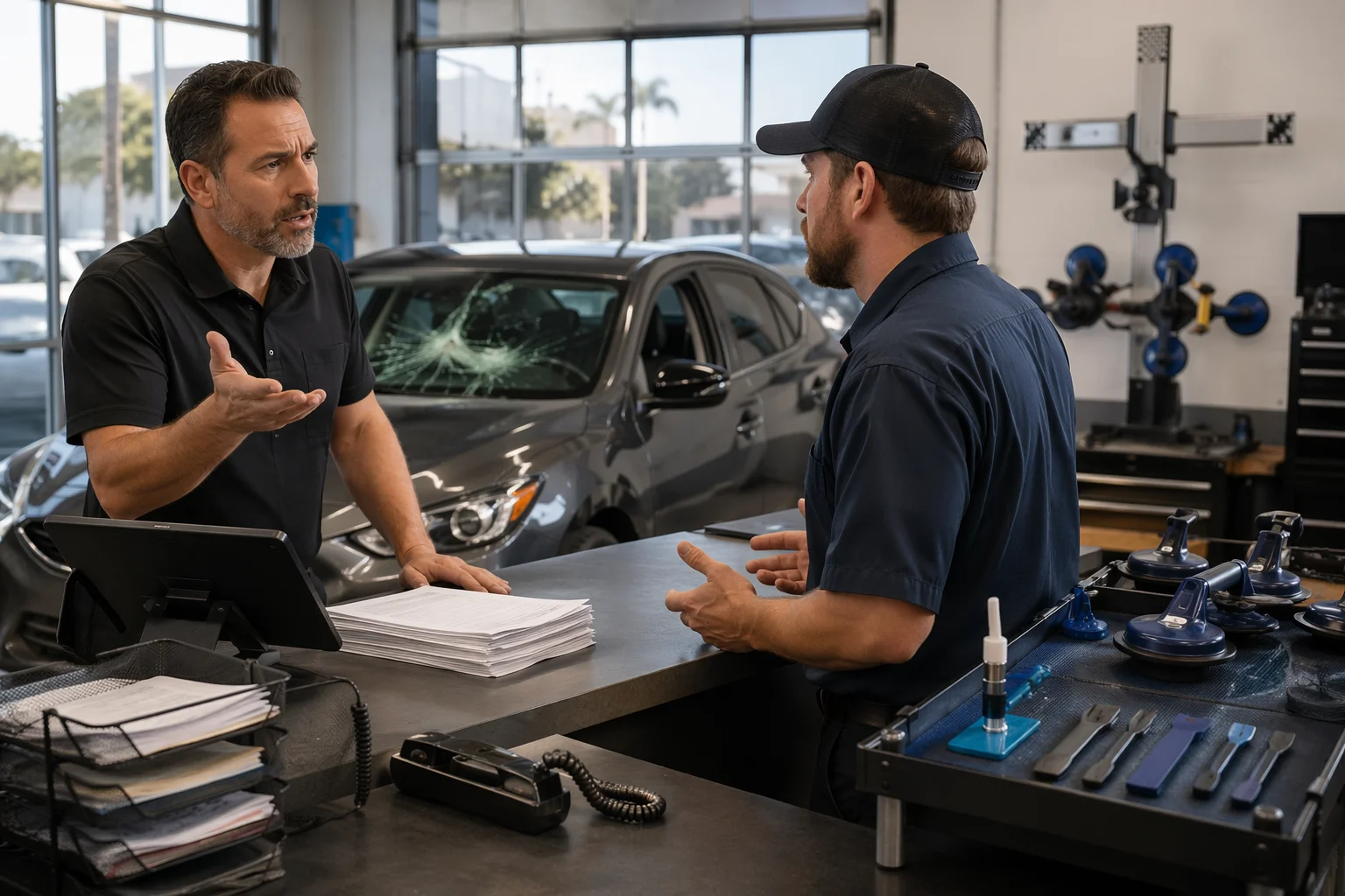 Auto glass shop owner discussing claim issues with technician