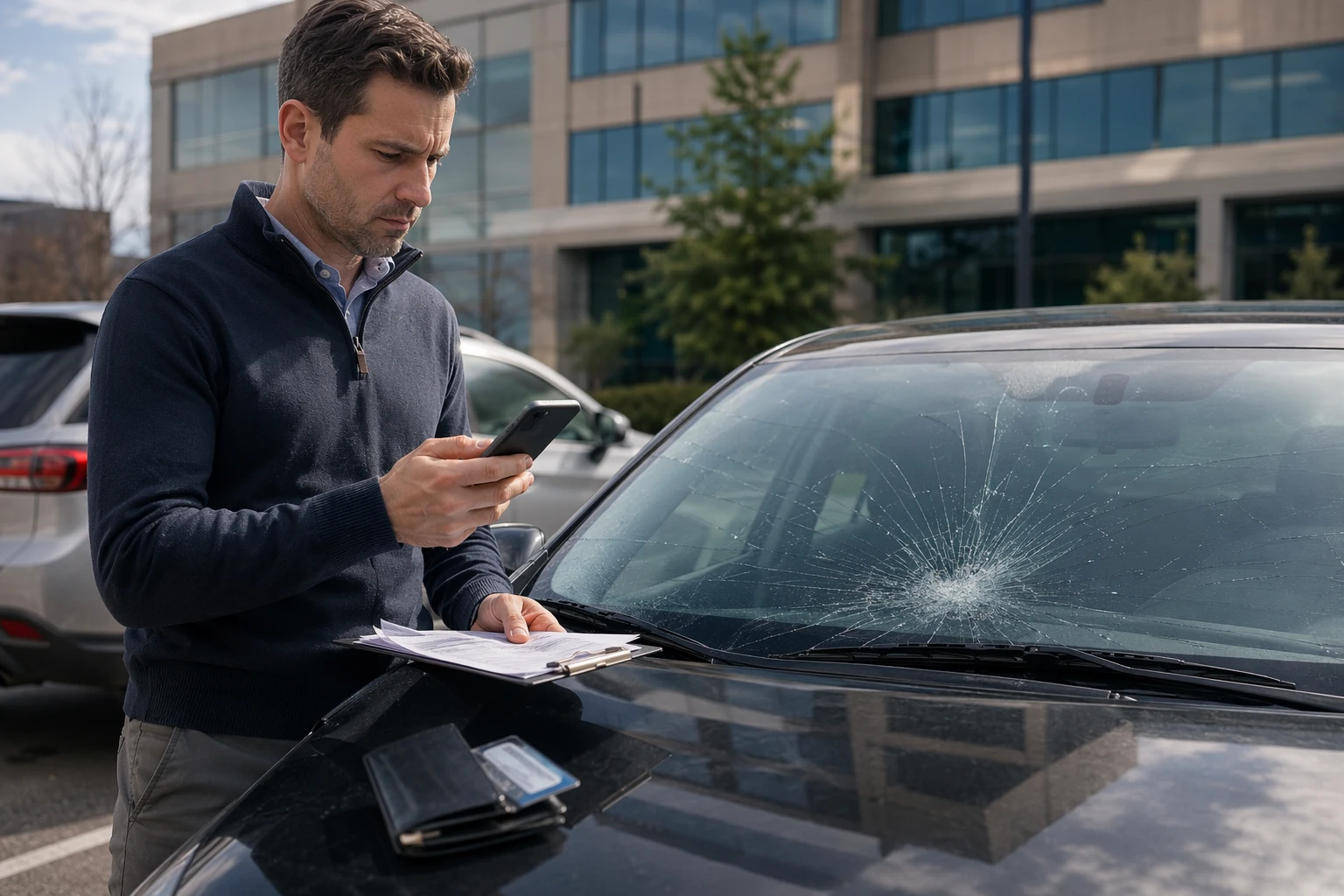 Driver reviewing auto insurance claim beside cracked windshield