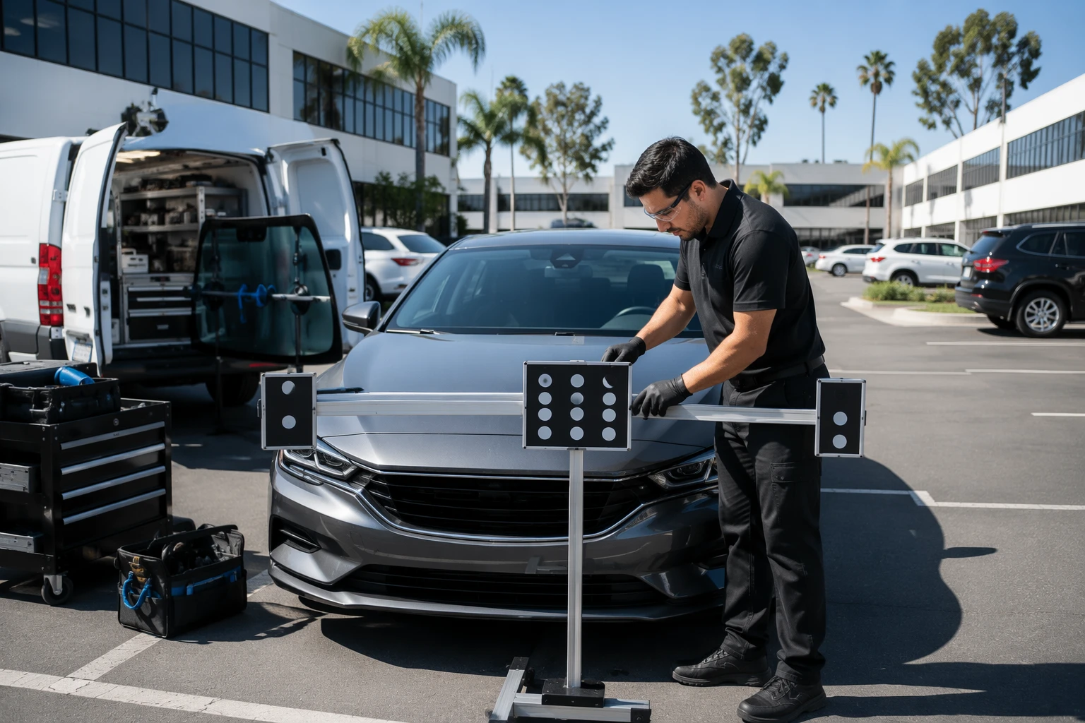 Technician calibrating windshield camera outdoors
