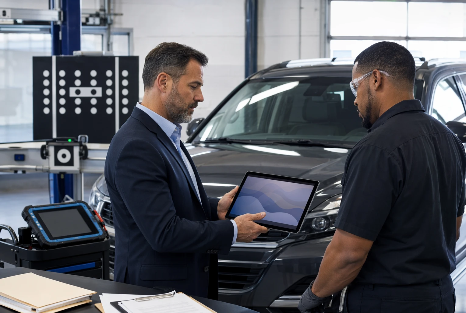 Fleet manager reviewing calibration report beside new windshield