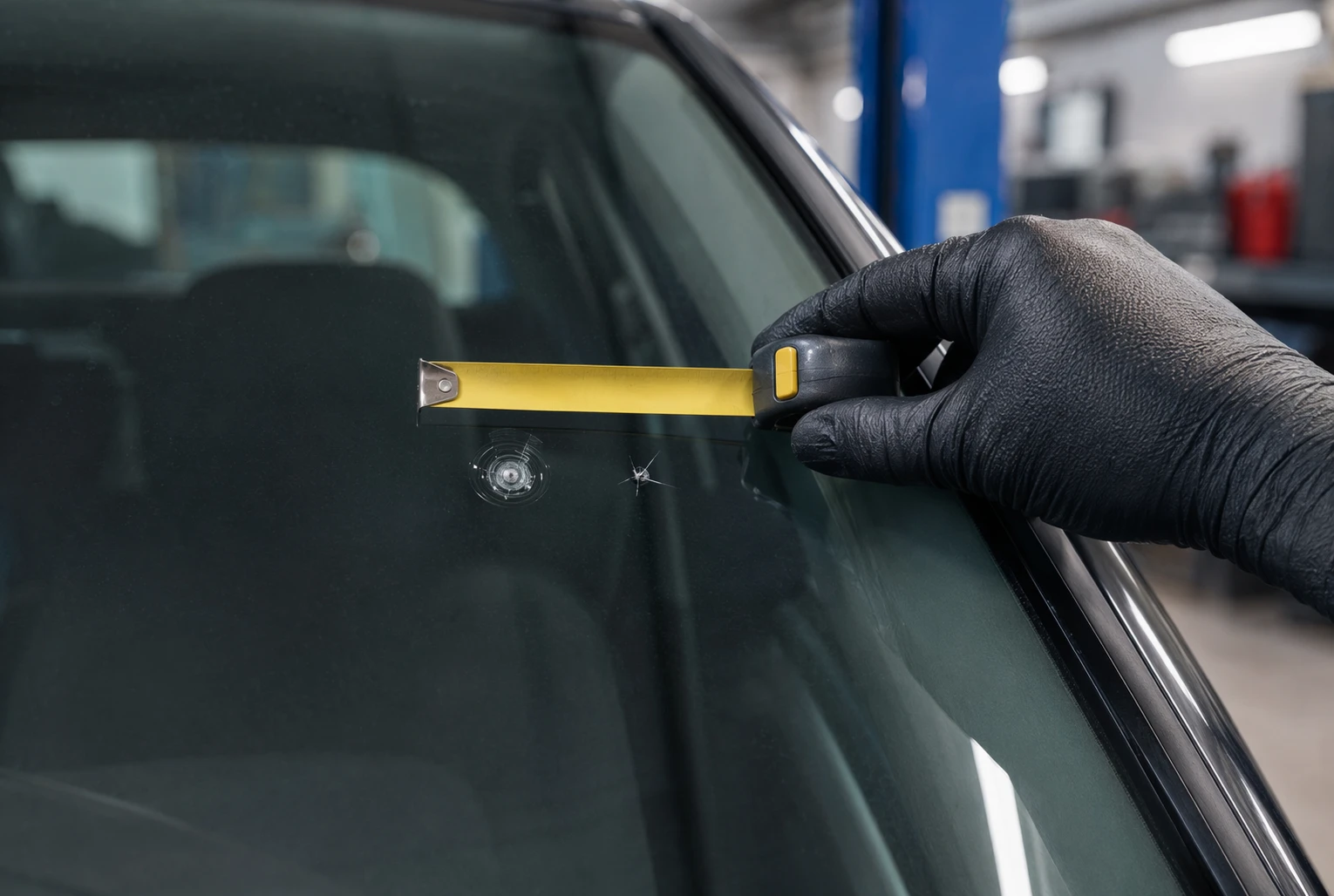 Close-up of windshield damage with measuring tape