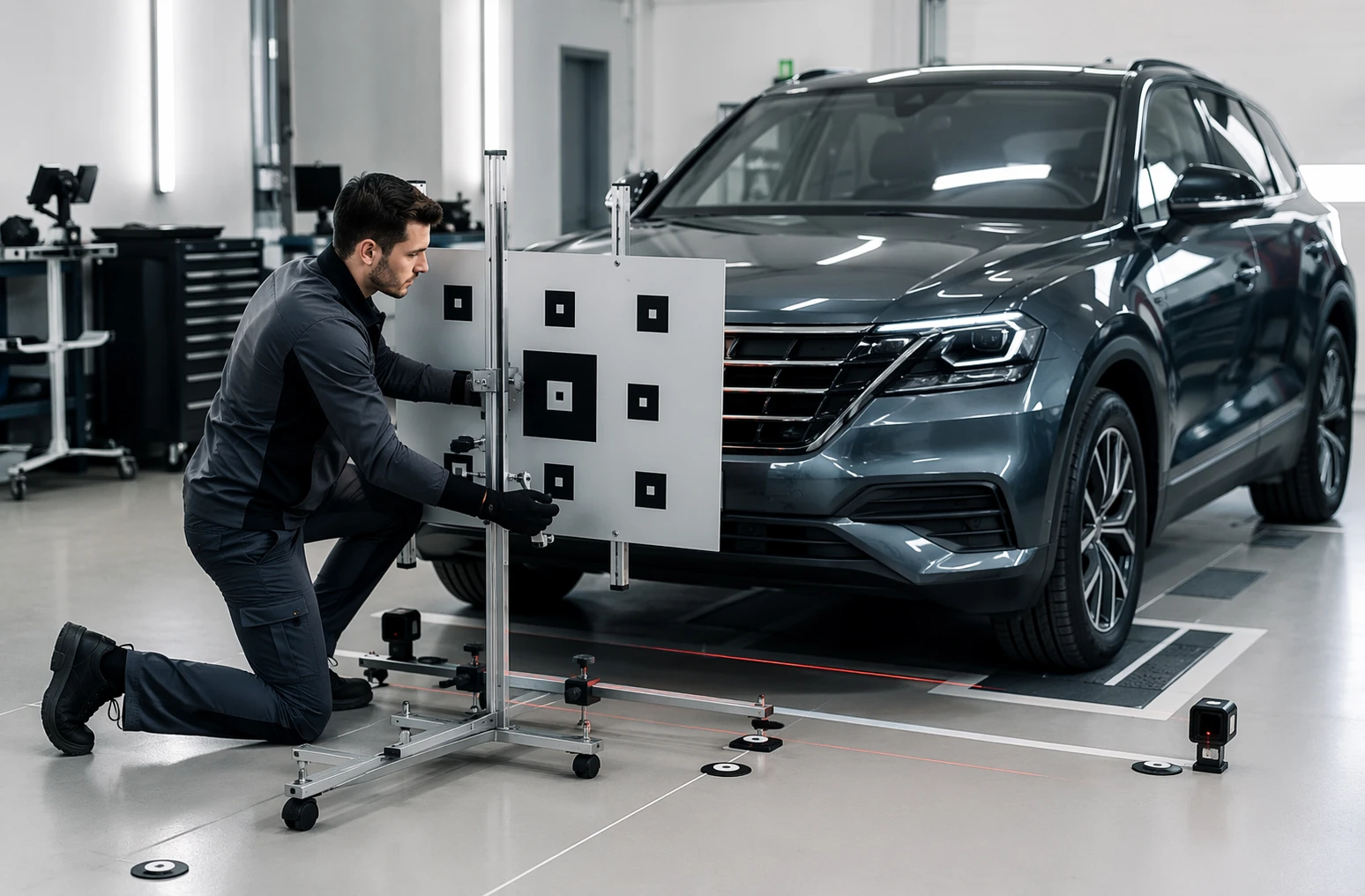 Technician aligning windshield camera target in calibration bay