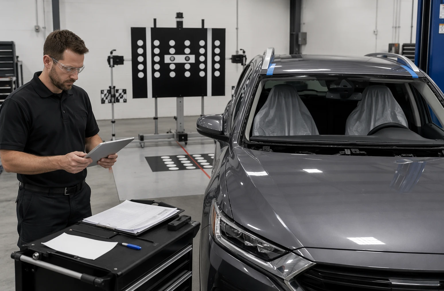 Service advisor reviewing OEM calibration procedure near windshield replacement