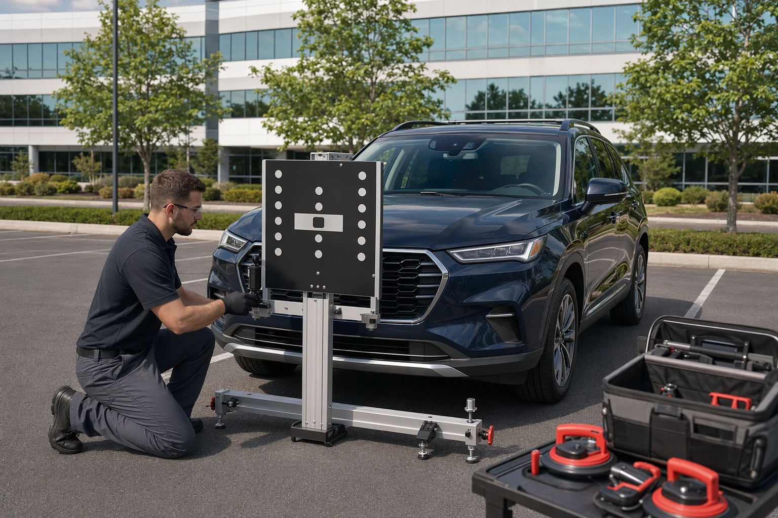 Technician calibrating windshield camera beside SUV