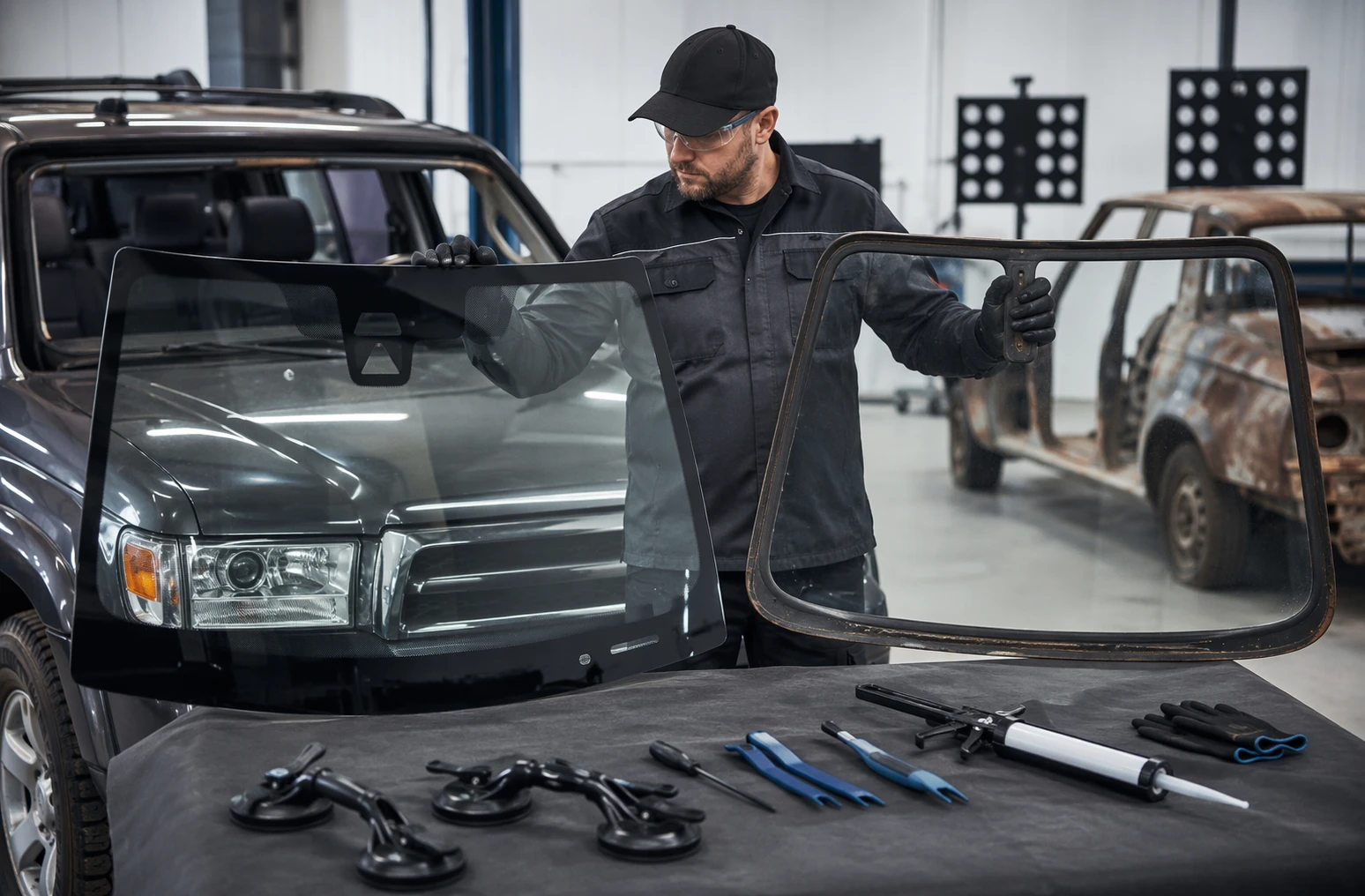 Technician comparing modern ADAS windshield and older gasket-set windshield in repair bay