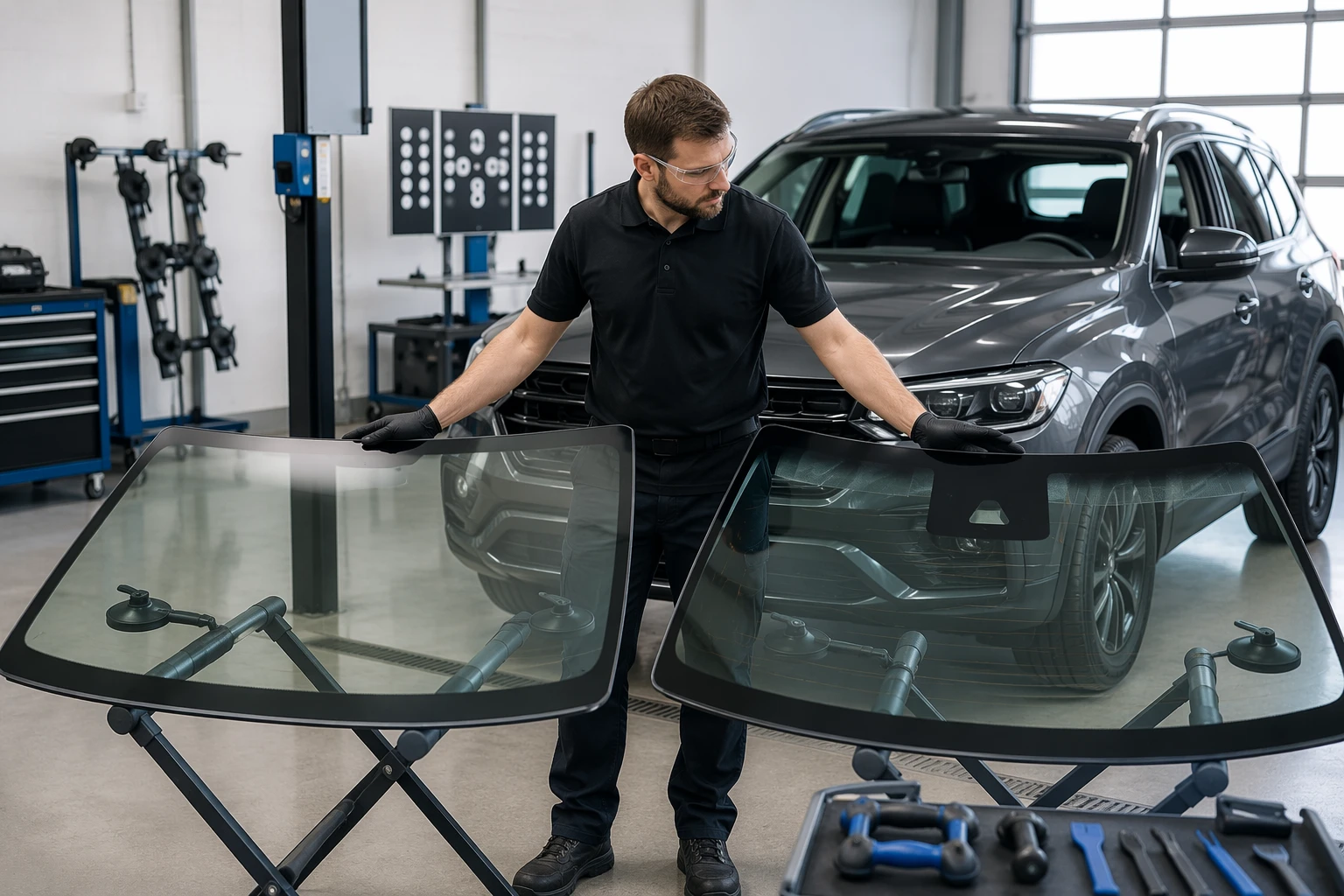 Technician comparing windshield types beside SUV in service bay