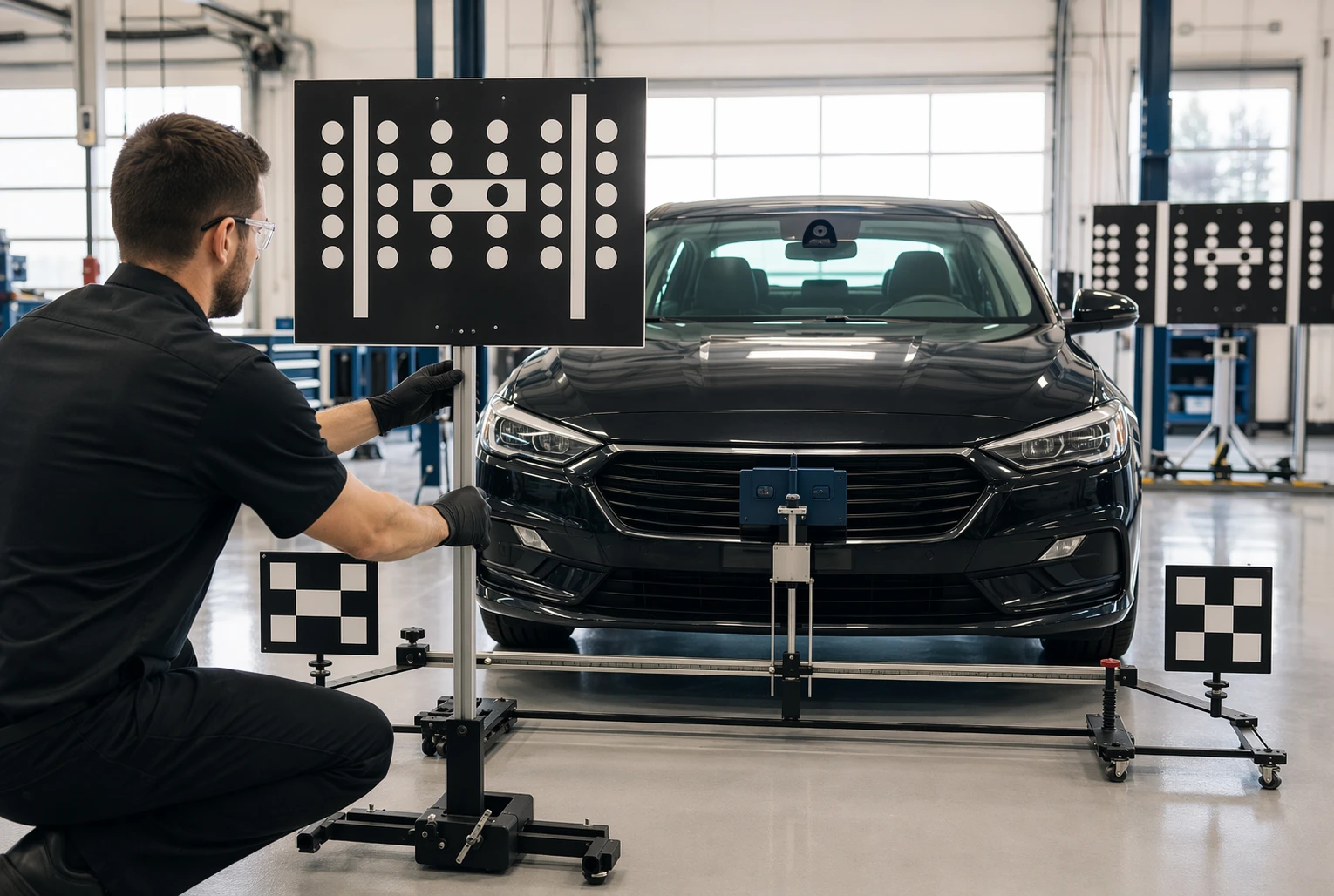 Technician calibrating ADAS sensors inside service bay