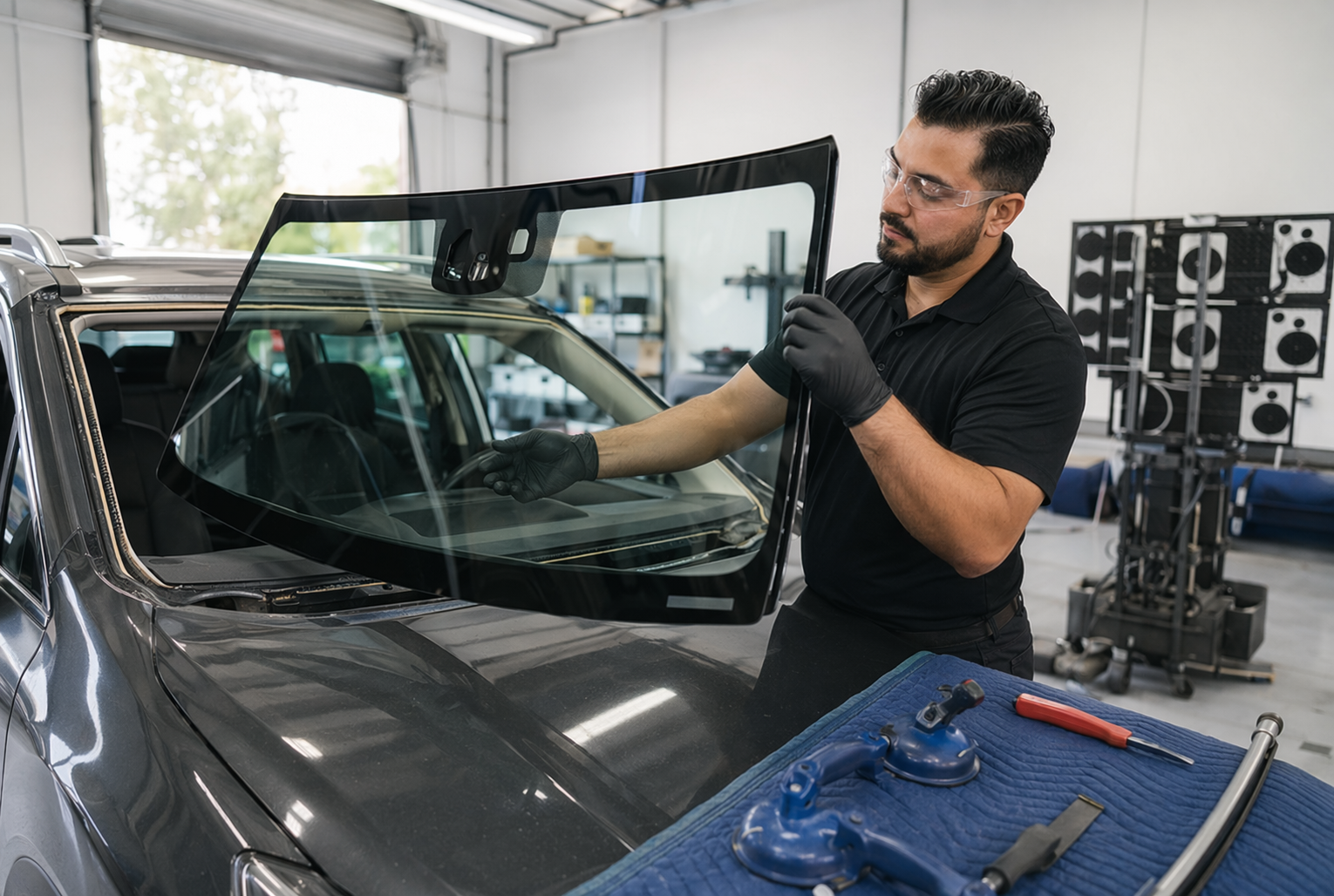 Technician aligning new windshield in bright service bay