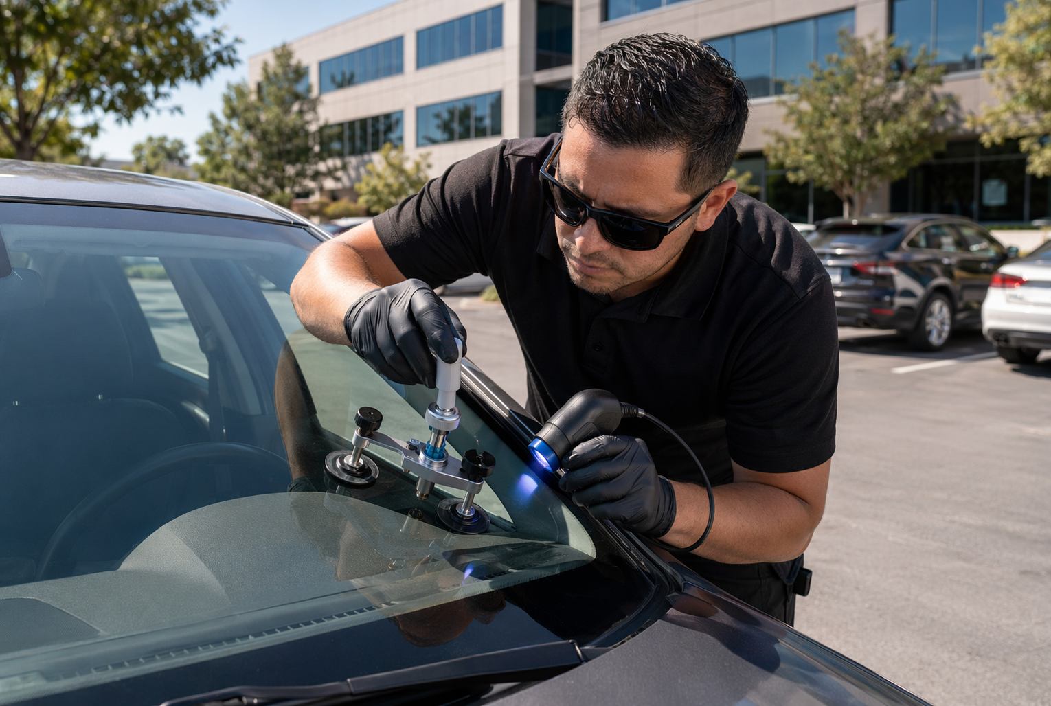 Mobile technician repairing windshield chip in parking lot