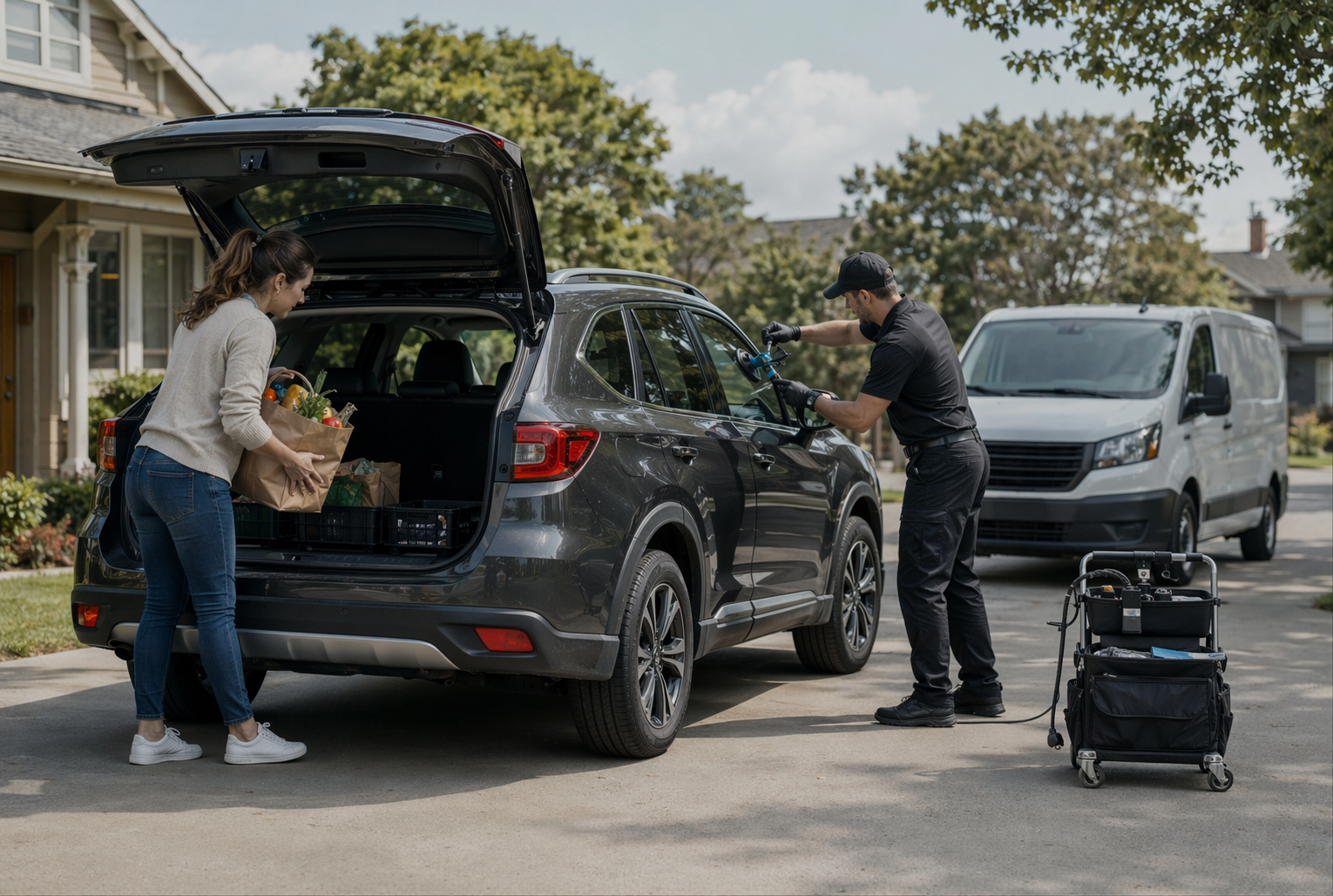 Parent loading groceries as technician repairs SUV beside home