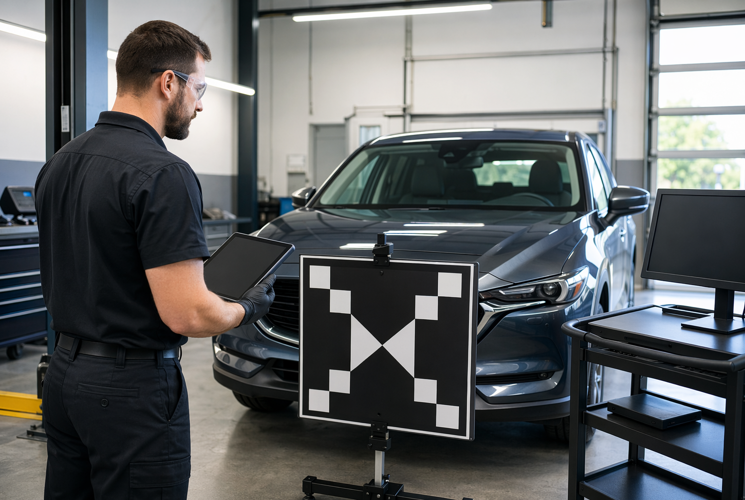 Technician calibrating windshield camera in service bay