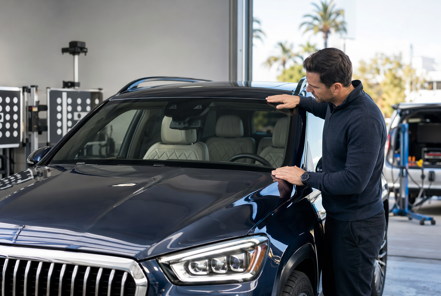 Luxury SUV with technician inspecting windshield