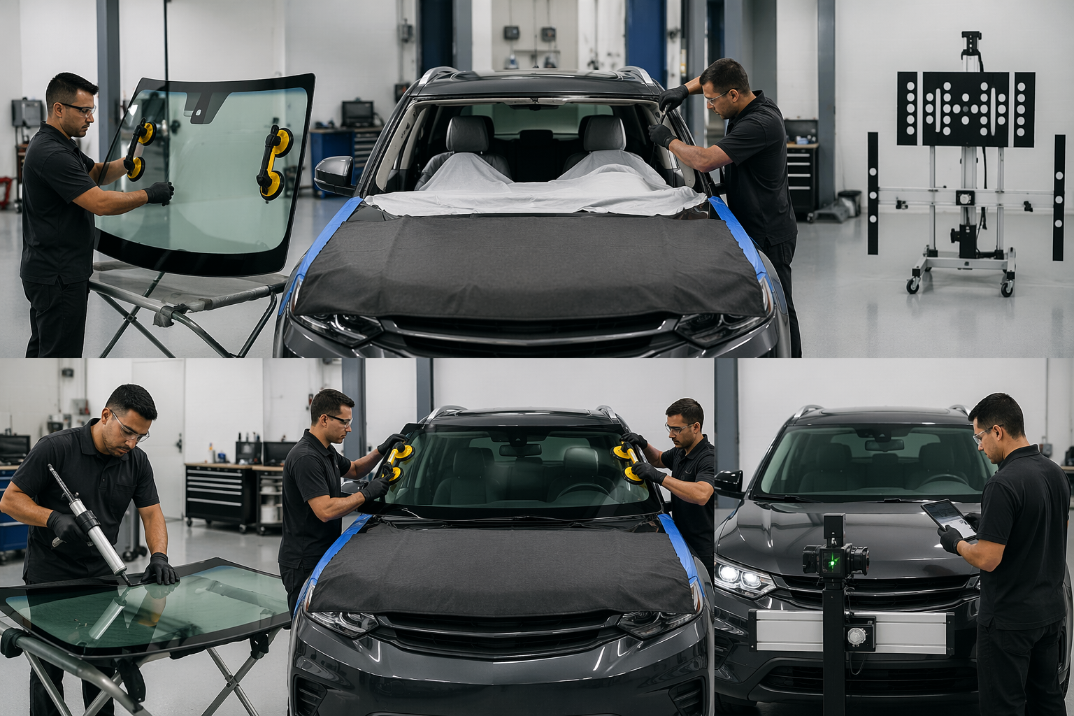 Technician inspecting and replacing car windshield